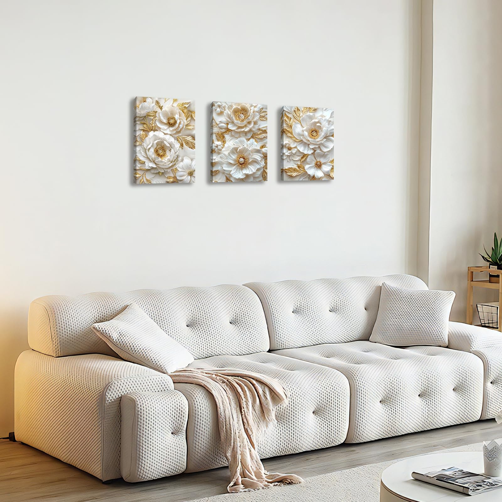 3Pcs Beige Oro Fiori di Peonie 3D Stampa su tela Con Cornice Cammeo floreale di lusso Pittura Quadri su tela Quadri Moderni Quadro Moderno Bagno Camera da Letto Soggiorno Decorazioni Murale 30x40cm x3