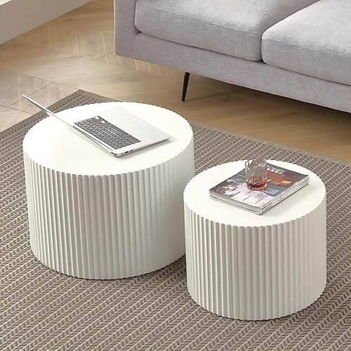 Miniatura 6 de KEVINSPACE Juego de 2 mesas de centro redondas anidables modernas para sala de estar, mesa auxiliar redonda de madera, no necesita montaje, muebles