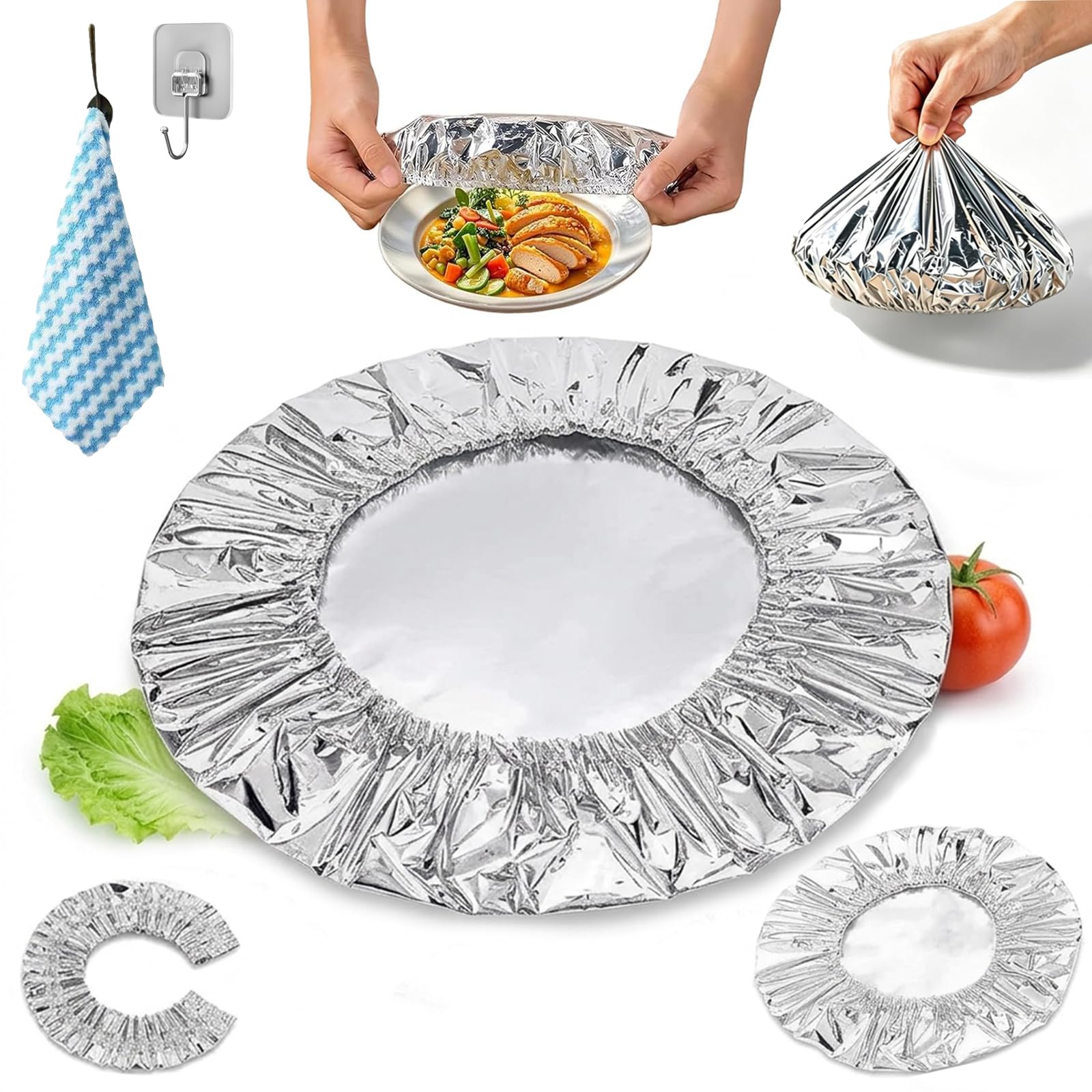 Aluminum Foil Heat Shield Covers – No Plastic, Reusable Aluminum Foil Food Covers, Elastic,Heat-Insulating, Freshnes, Adjustable Food Storage Covers with Elastic Band for Bowls Plates (30pcs)