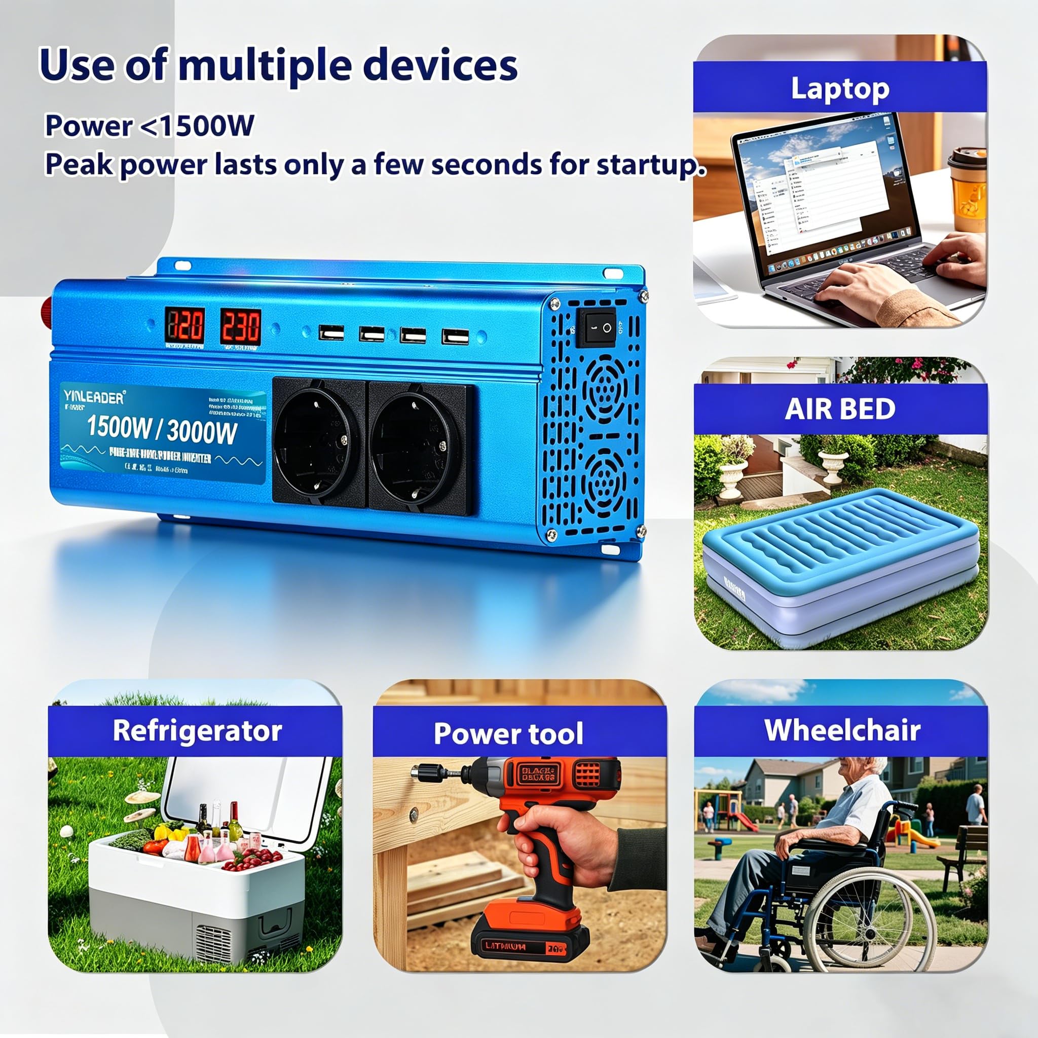 Yinleader 1500W 3000W Pure Sine Wave Power Inverter DC 12V to AC 220V 230V with 2 AC Outlets 4 USB Ports for Car Truck Camper