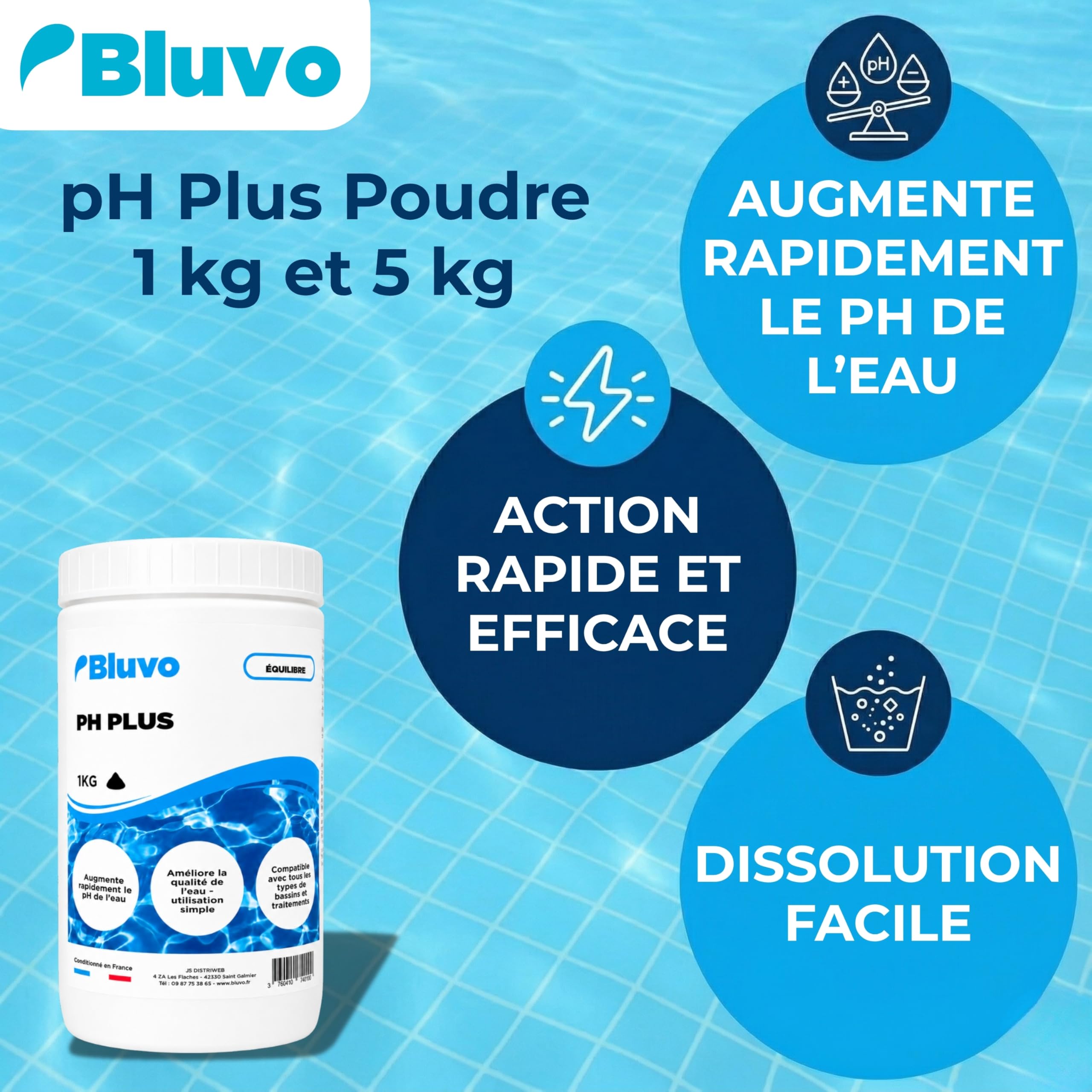pH Plus Piscine – Rehausseur de pH en Poudre | Augmenter Le pH de l’Eau Rapidement | Traitement Eau Piscine & Spa | Formats 1 kg et 5 kg | Conditionné en France (1KG)