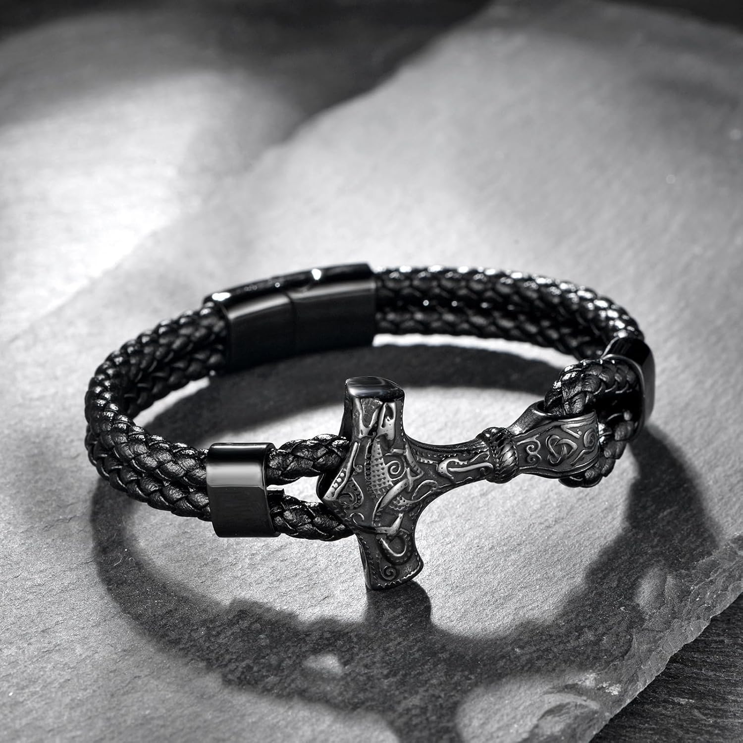 Vintage Anchor Leather Bracelet for Men, Black Braided Leather & Stainless Steel Bracelet, Stylish Punk Wrist Jewelry for Fathers Day, Boyfriend, Husband Gifts - Image 3