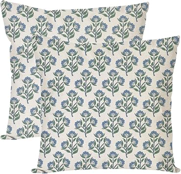 PANDICORN Block Print Pillow Covers 18x18 Inch Set of 2 Vintage Blue Green Floral Boho Outdoor Farmhouse Spring Summer Decorations Decorative Throw Pillow Cases for Home Couch Bed Living Room Decor