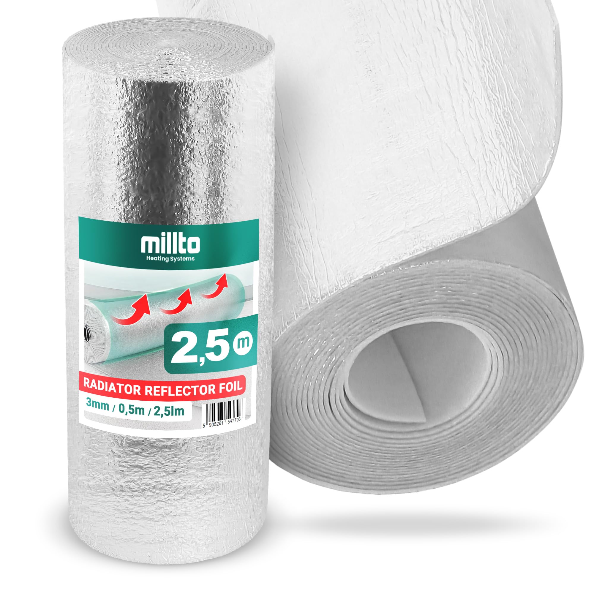 Millto™ Ekran Zagrzejnikowy Mata Aluminiowa 2,5m | Pianka Termoizolacyjna Izolacyjna Izolacja Ścienna Piankowa Folia Odblaskowa Uniwersalna Termiczna Grzejników Ścian
