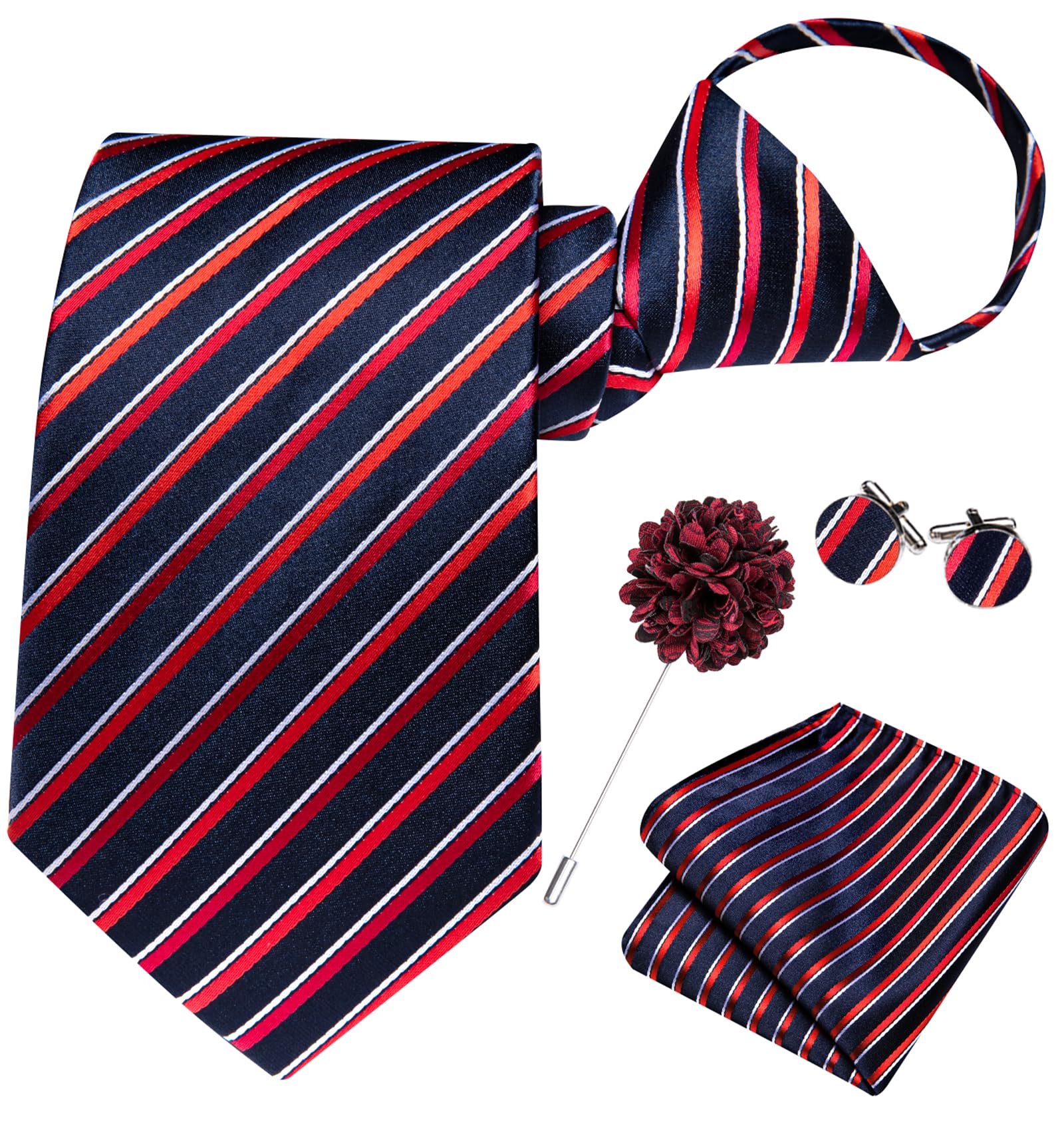 Hi-Tie Zipper Ties for Men Pre-tied Tie Set Lapel Pin Pocket Square and Cufflinks Formal Business Wedding Adjustable Necktie
