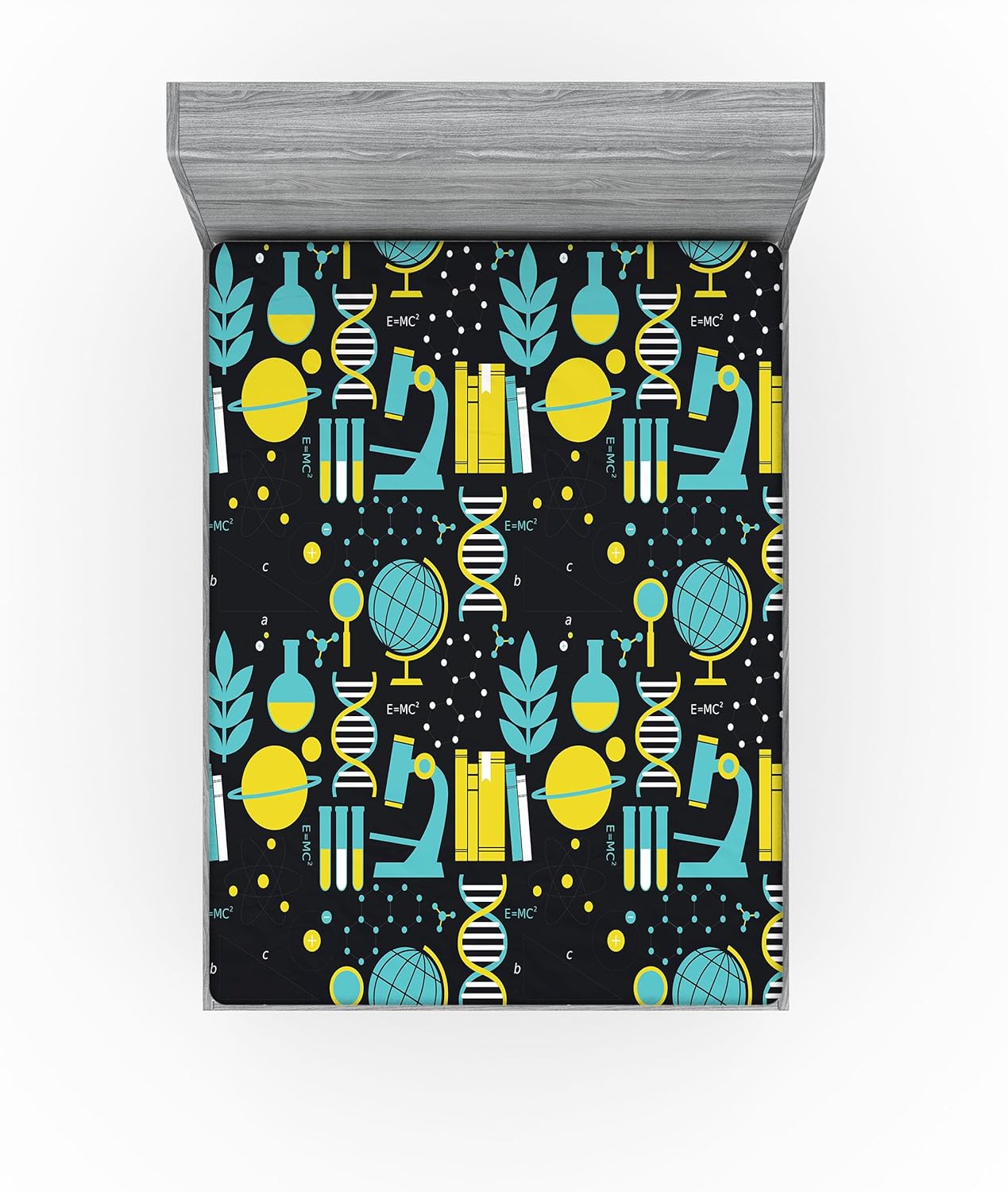 Ambesonne Astronomy 2 Pack Fitted Sheet, Science Pattern Print, Bed Cover All-Round Elastic Deep Pockets 2 Pieces, Package Contains 2 Queen Size Fitted Sheets, Turquoise Yellow and Black
