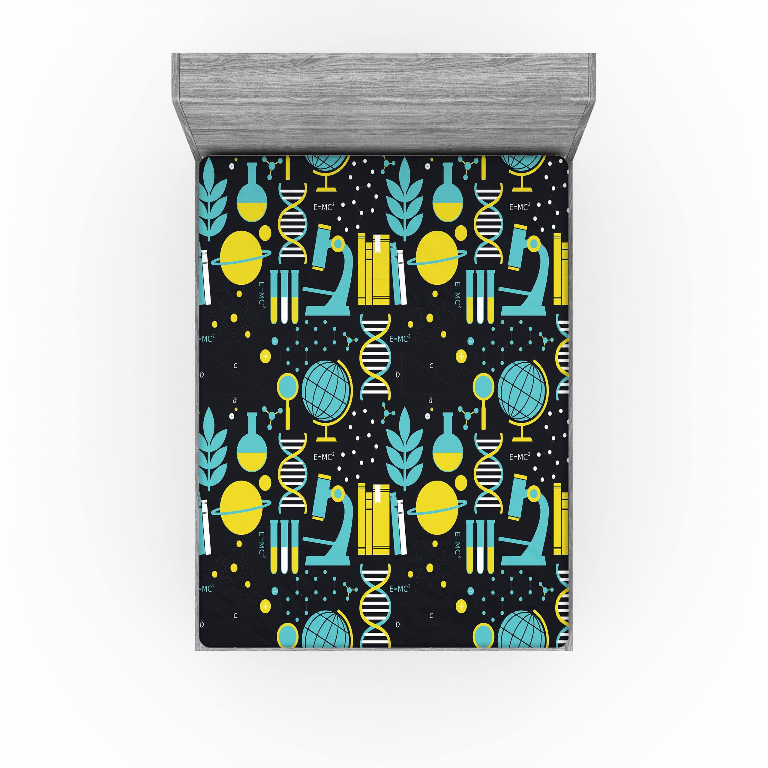 Ambesonne Astronomy 2 Pack Fitted Sheet, Science Pattern Print, Bed Cover All-Round Elastic Deep Pockets 2 Pieces, Package Contains 2 Full Size Fitted Sheets, Turquoise Yellow and Black