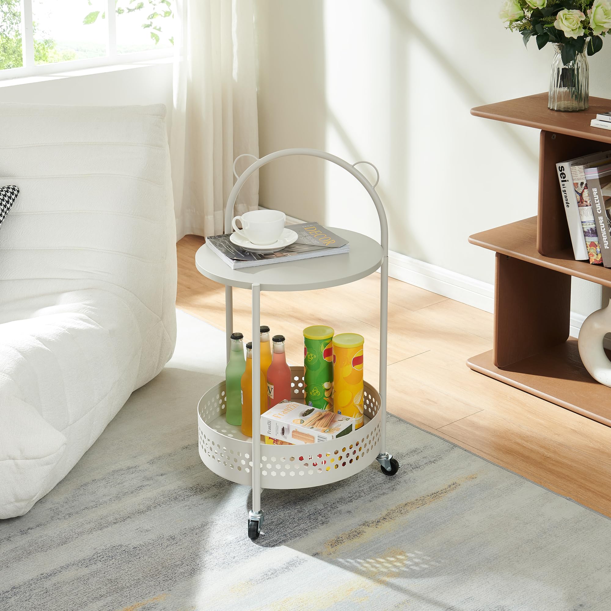 [en.casa] Carro de Servicio Jässaatka de 2 Niveles Carrito de Restaurante Estantería de Baño con 2 Estantes en Forma Redonda y 3 Ruedas Carrito de Cocina Versátil Metal 76 x Ø 40 cm - Gris