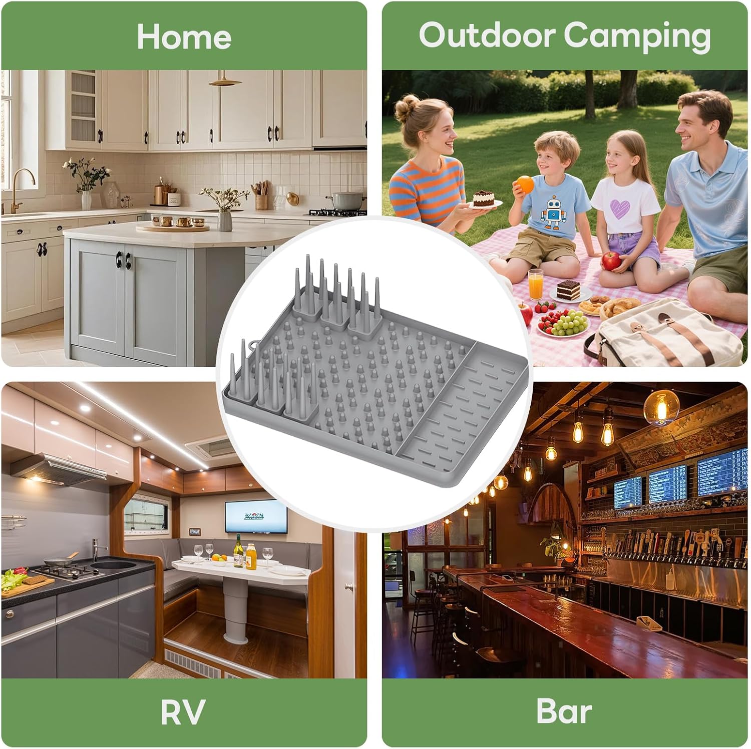 Dish Drying Mat for Kitchen Counter, Multiple Usage, Dual-Sided Independent Zones, Easy Clean, Heat-Resistant, Non-Slip Silicone Drying Pad for Countertop Protection, 16.2" x 11.8" (Grey)