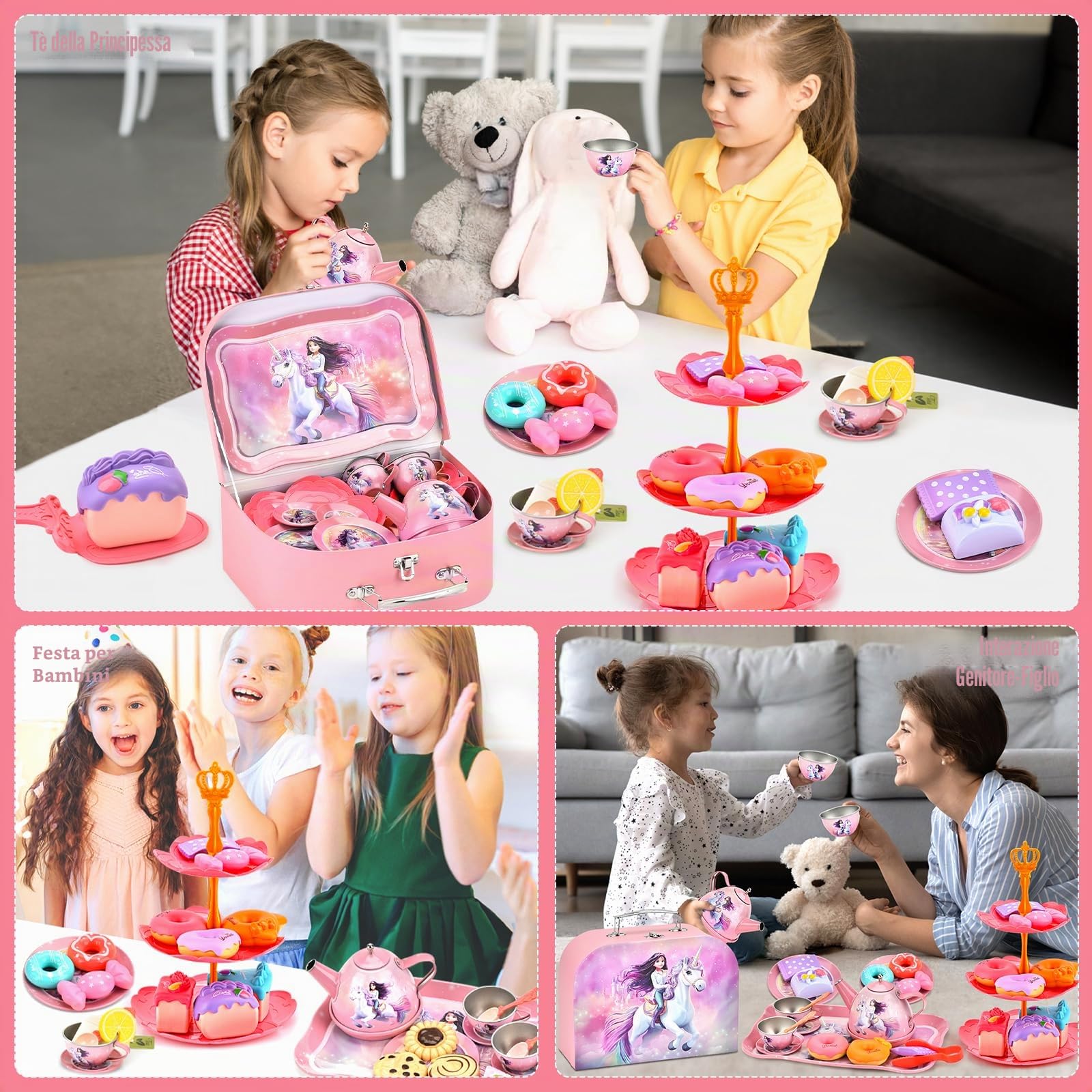 48 Pezzi Set da Tè Per Bambini, Tè Pomeridiano Accessori Cucina Bambini con Dessert Donut Tazze Piatti, Set Cucina Giocattoli per Natale Compleanno Regalo Bambina 3 4 5 6 7 Anni