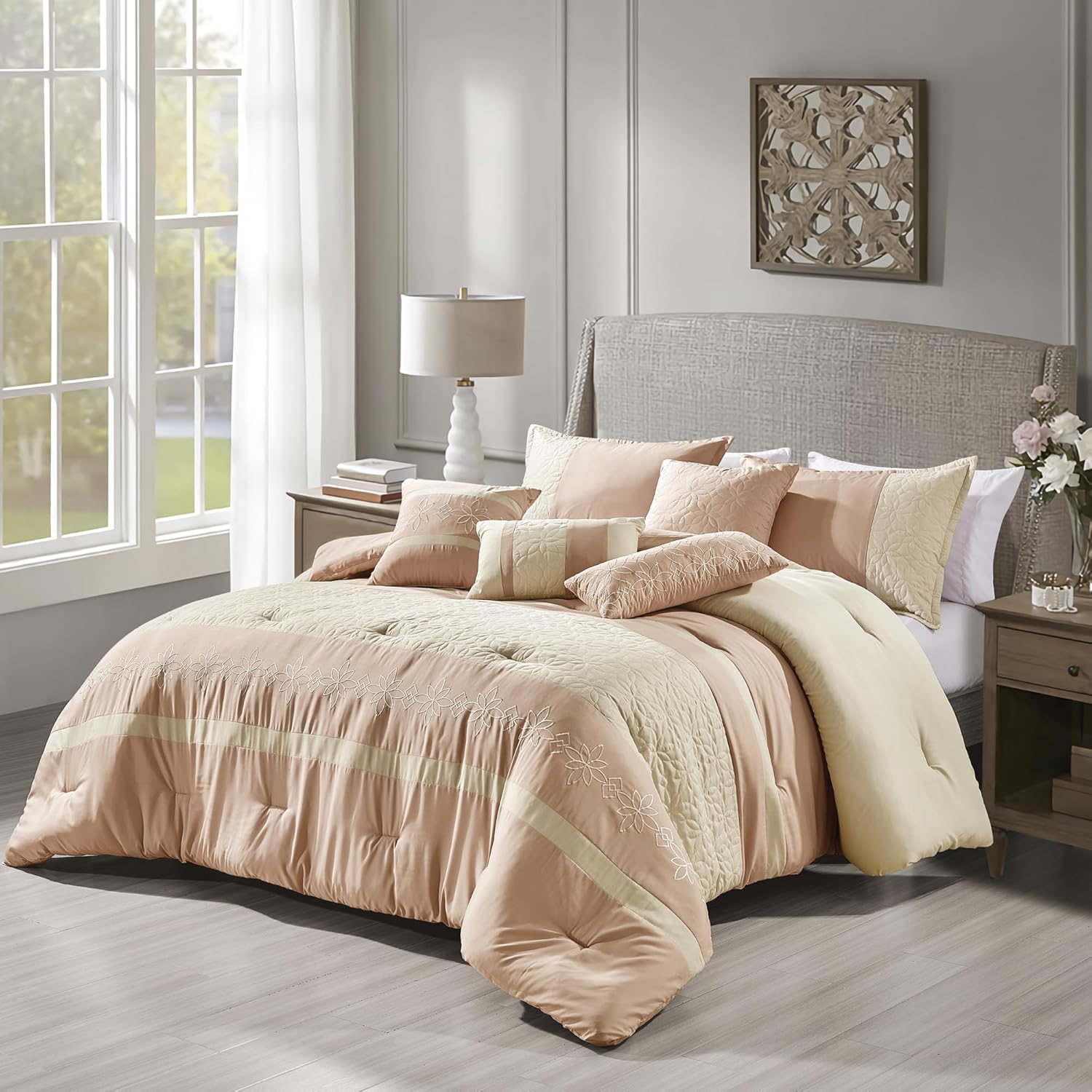ESCA 7-Piece Shadha Beige and Pink Comforter Set Floral Bedding Set Queen Size