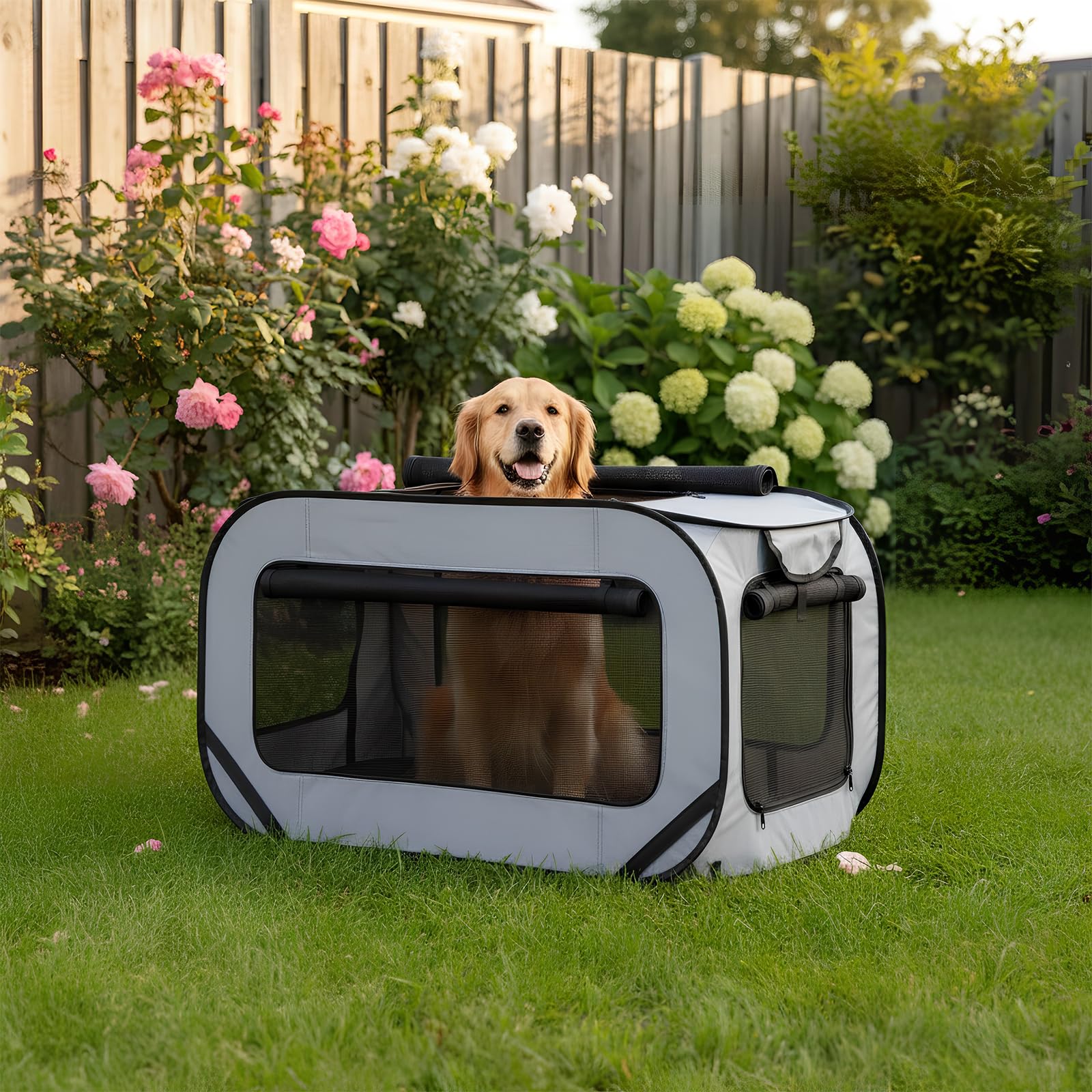 94*53*53 cm Hundetransportbox Faltbar, Doppeltüren Pop-Up-Transportbox Hund Katze, Oxford Stoff Hundebox Auto Hundetasche Robust, Tragbarer Hunde Transportboxen für Katzen & Hunde bis 29.5 kg, Grau
