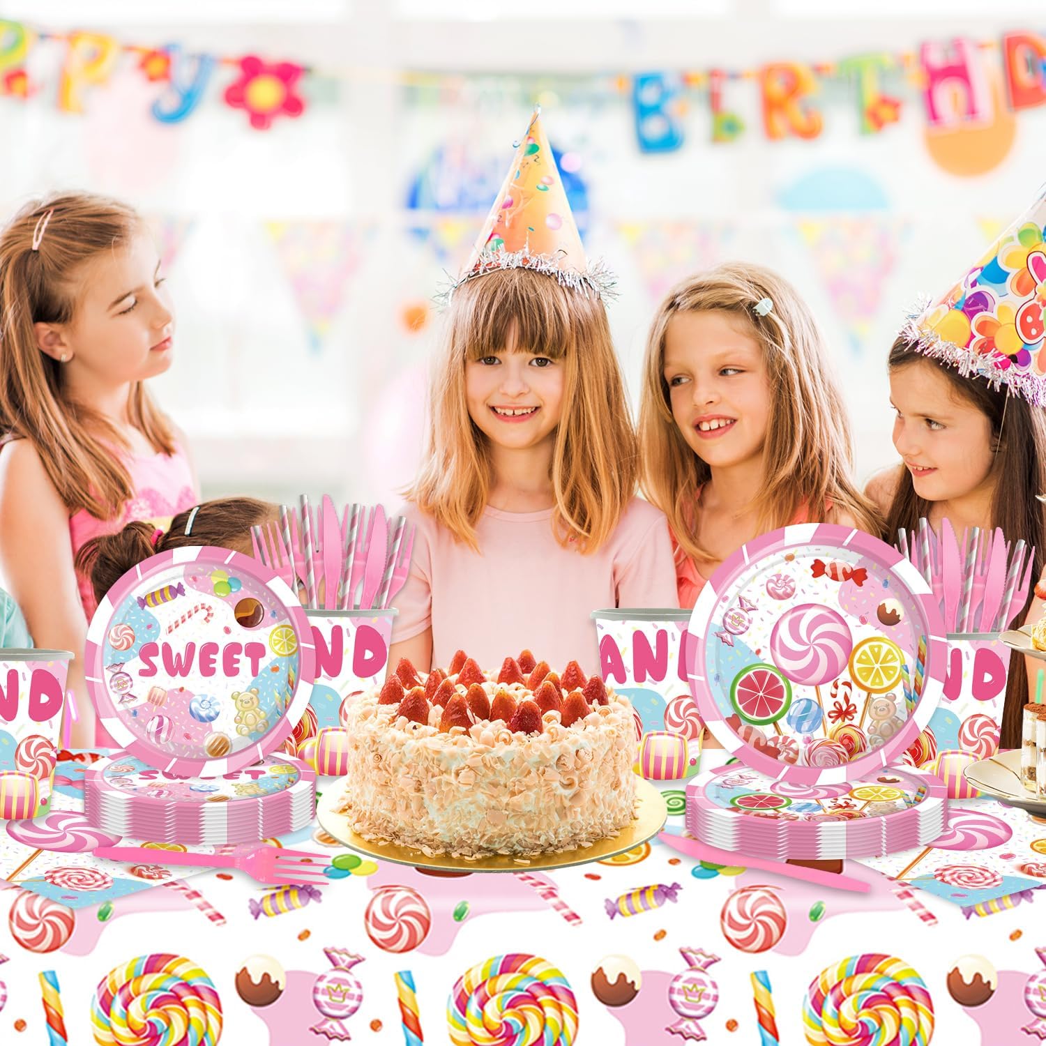 141Pcs Candy Land Party Decoration Pink Sweet Baby Shower Decor Candyland Birthday Plates Napkins Cups Straws Cutlery Tablecloth Set Supplies for Girl Candyland Party Decorations