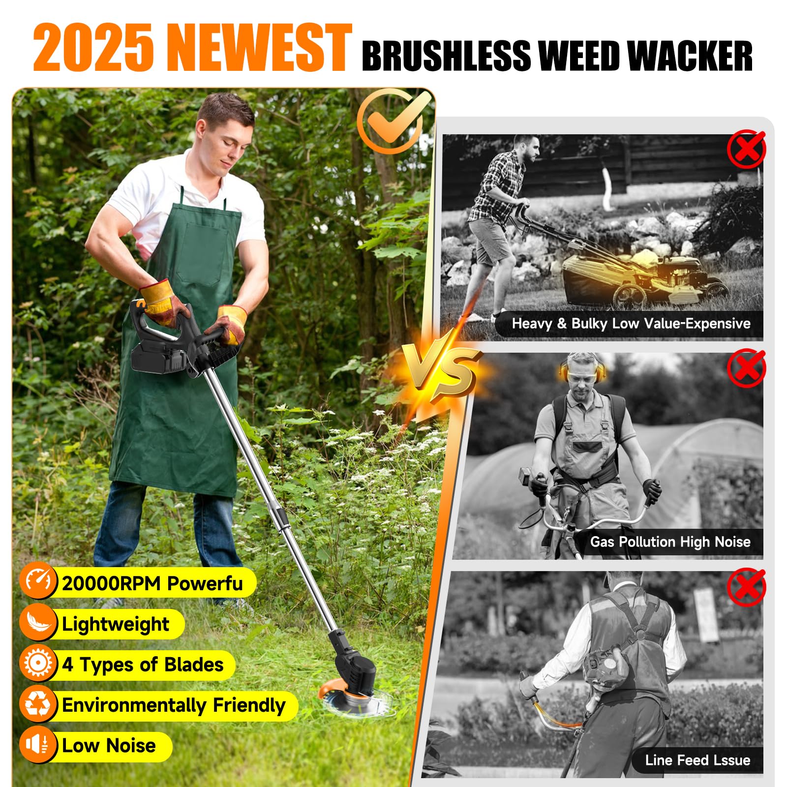 Weed Eater - Stringhe elettriche senza fili, con 2 batterie, 1 caricatore, 3 tipi di lame, alimentazione a batteria, leggera, per cortile e giardino