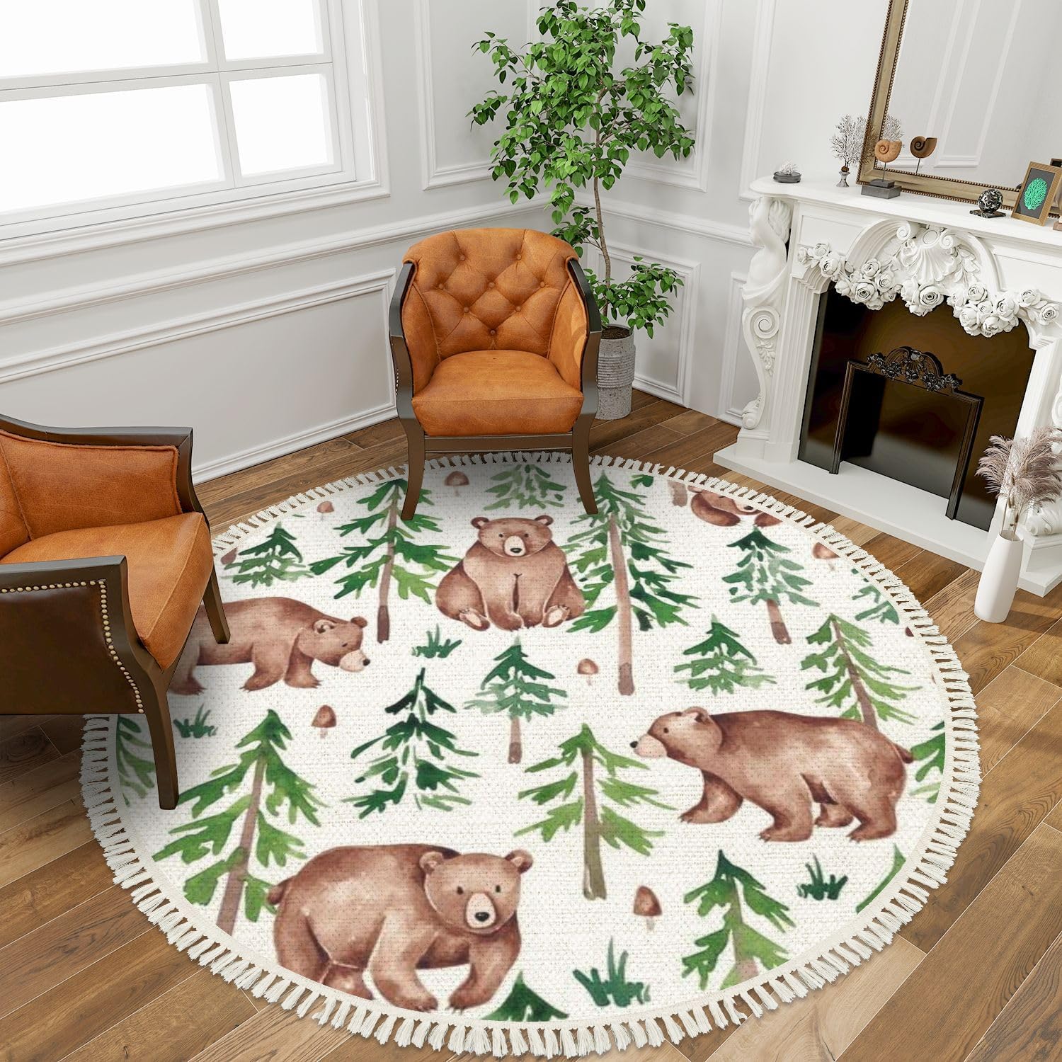 Woodland Animal Round Area Rug, Forest Seamless Pattern, Hand Drawn Watercolor Boho Style, Cotton Linen Blend, 6ft