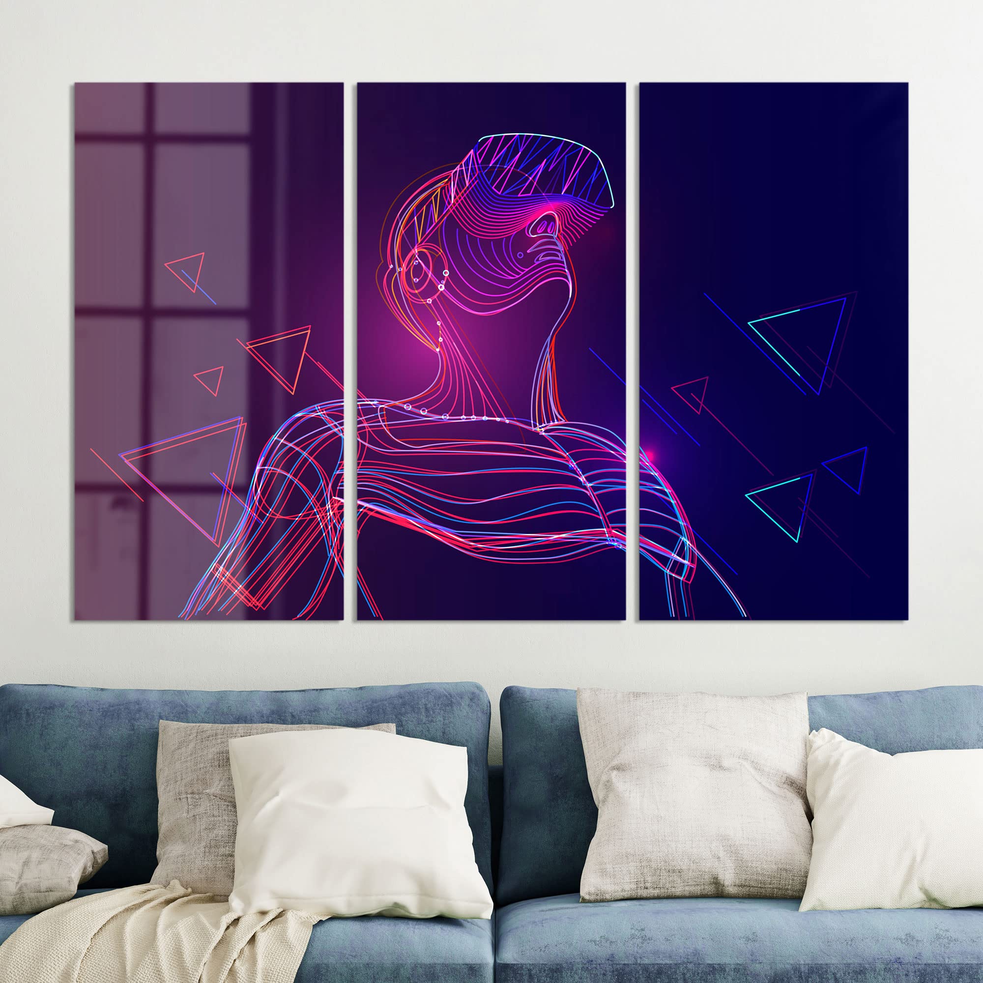 DEQORI Obrazy na szkle z prawdziwego szkła, motyw "mężczyzna z okularami VR", poziome, 3-częściowe, 150 x 100 cm, duża dekoracja XXL, obrazy ścienne do salonu, sypialni, przedpokoju i kuchni, nowoczesna dekoracja ścienna