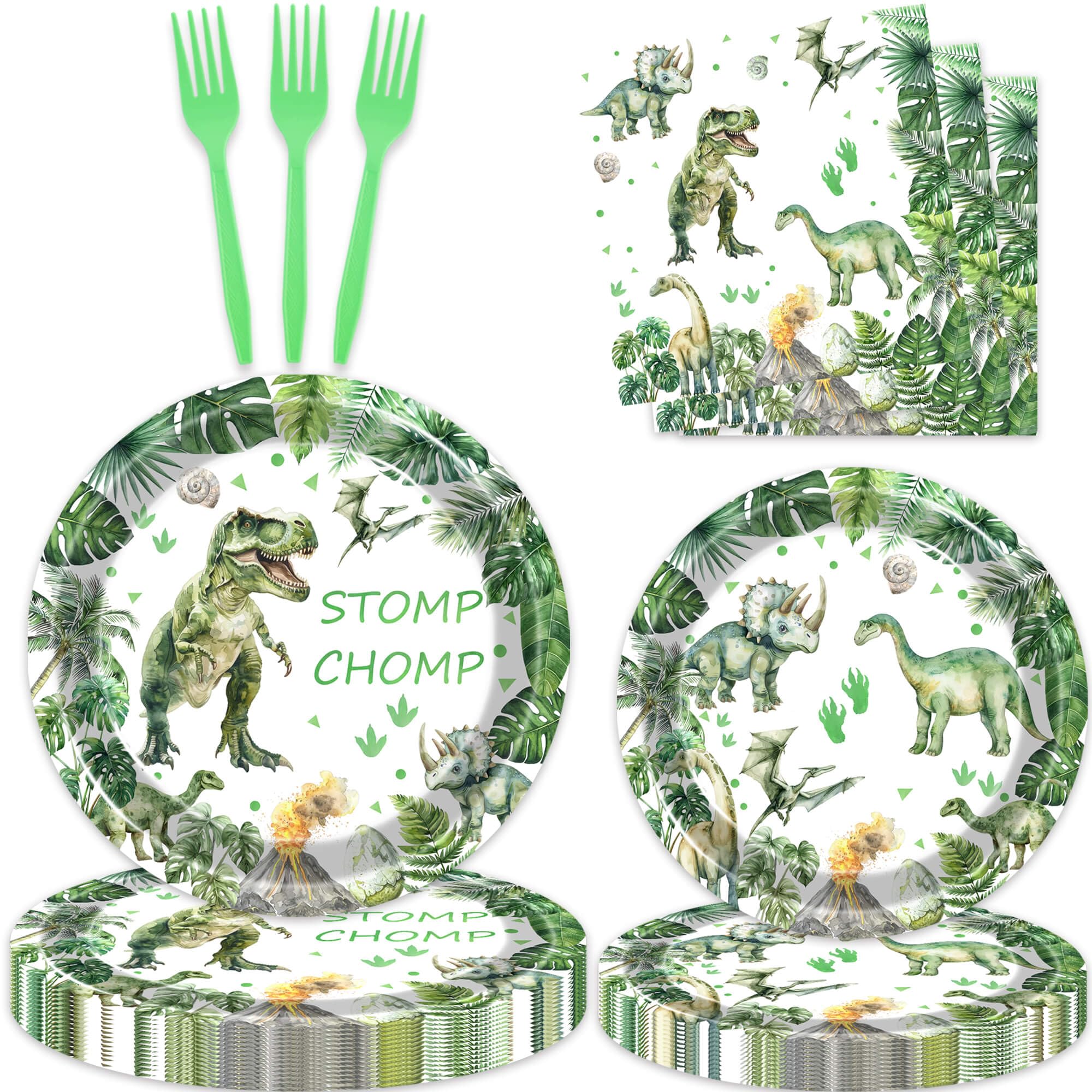 80 Pcs Watercolor Dinosaur Birthday Decorations Green Dino Paper Dinner Plates Napkins Forks Dinnerware for Dinosaur Theme Baby Shower Boys 1st 2nd