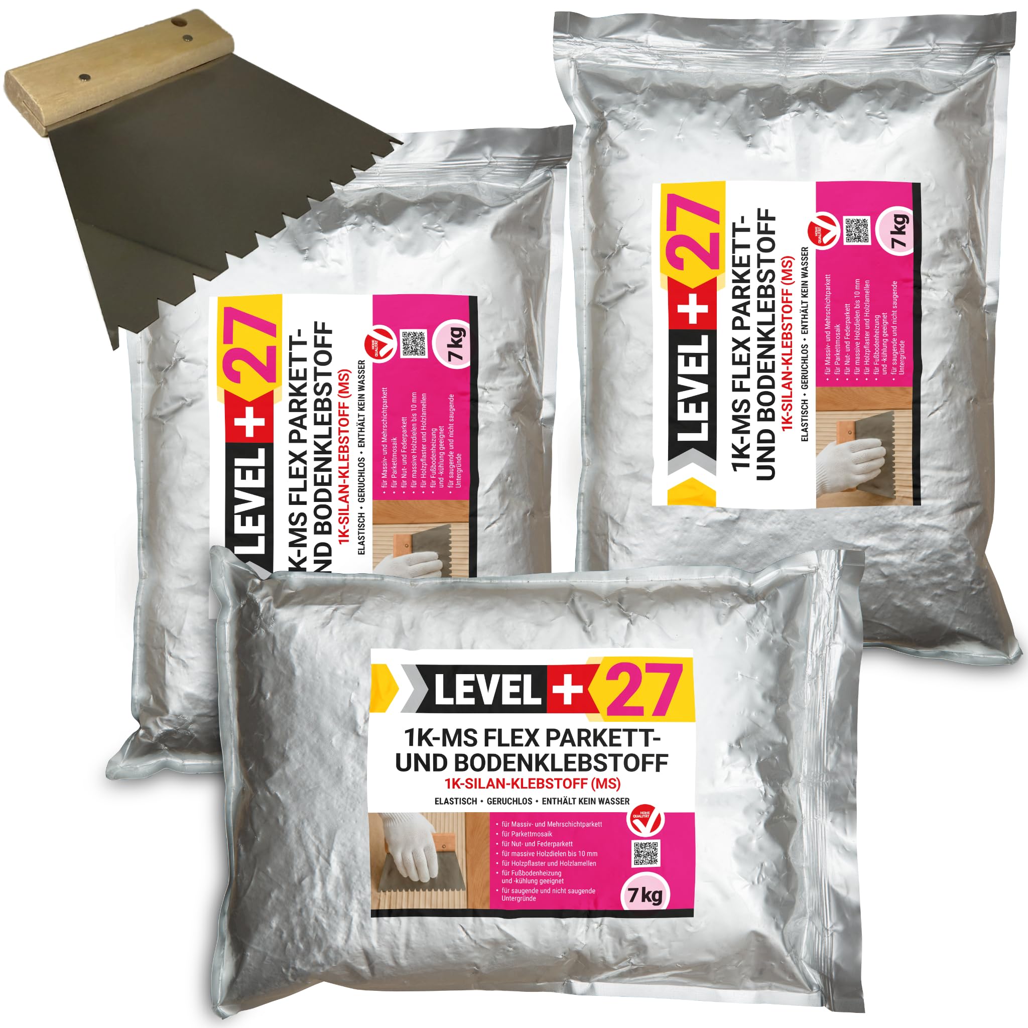LEVEL+27 - Colla per parquet, 21 kg + spatola dentata B11, colla Flex Silan 1K-MS per parquet, sughero e pavimenti in legno