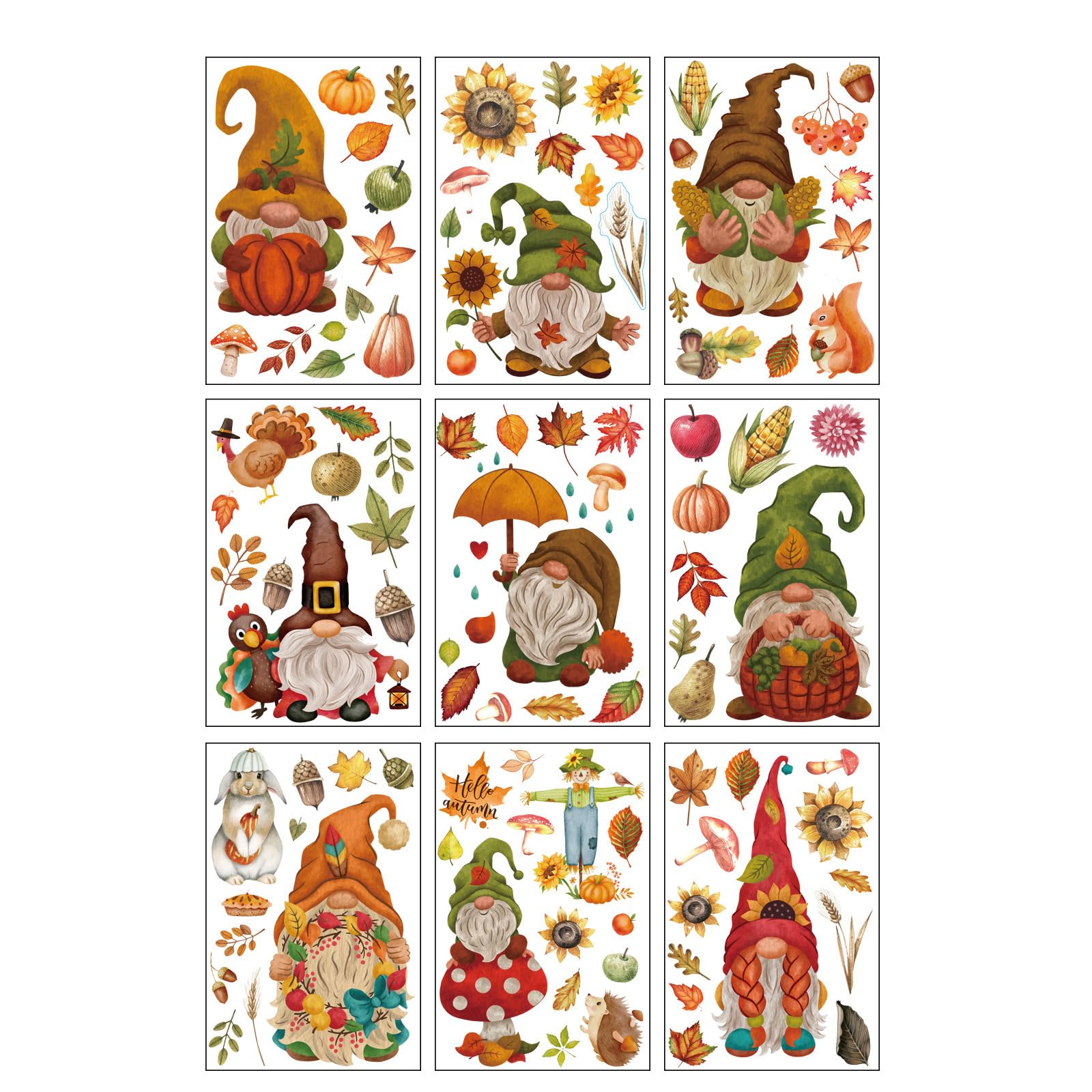 Fall Theme Window Decals 9 Sheet Cartoon Pumpkin Leaves Gnomes PVC Window Stickers Clings for Autumn Decoration Harvest Decors