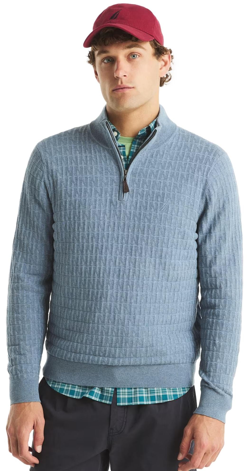 Nautica Men's Textured Achor Blue Heather Navtech Quarter-Zip Sweater, Large