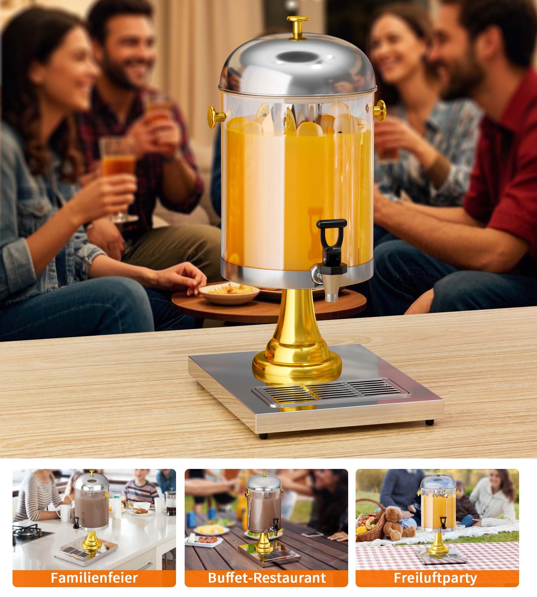 MYOYAY Saftspender mit Kühlelement Saft-Dispenser 8L Getränkemaschine mit Basis und tropfsicherem Zapfhahn Edelstahl Getränkedispenser für Speisesaal Party und Küche