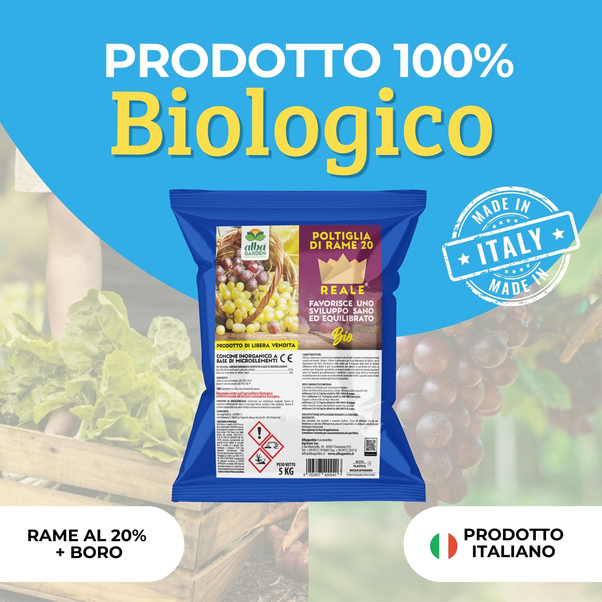 Albagarden - Polti20 Bordolese Biologico 5 kg - con Rame Naturale + Boro Per Piante Frutta Orto Vite - Contro Peronospora Oidio Verderame Solfato Ossicloruro