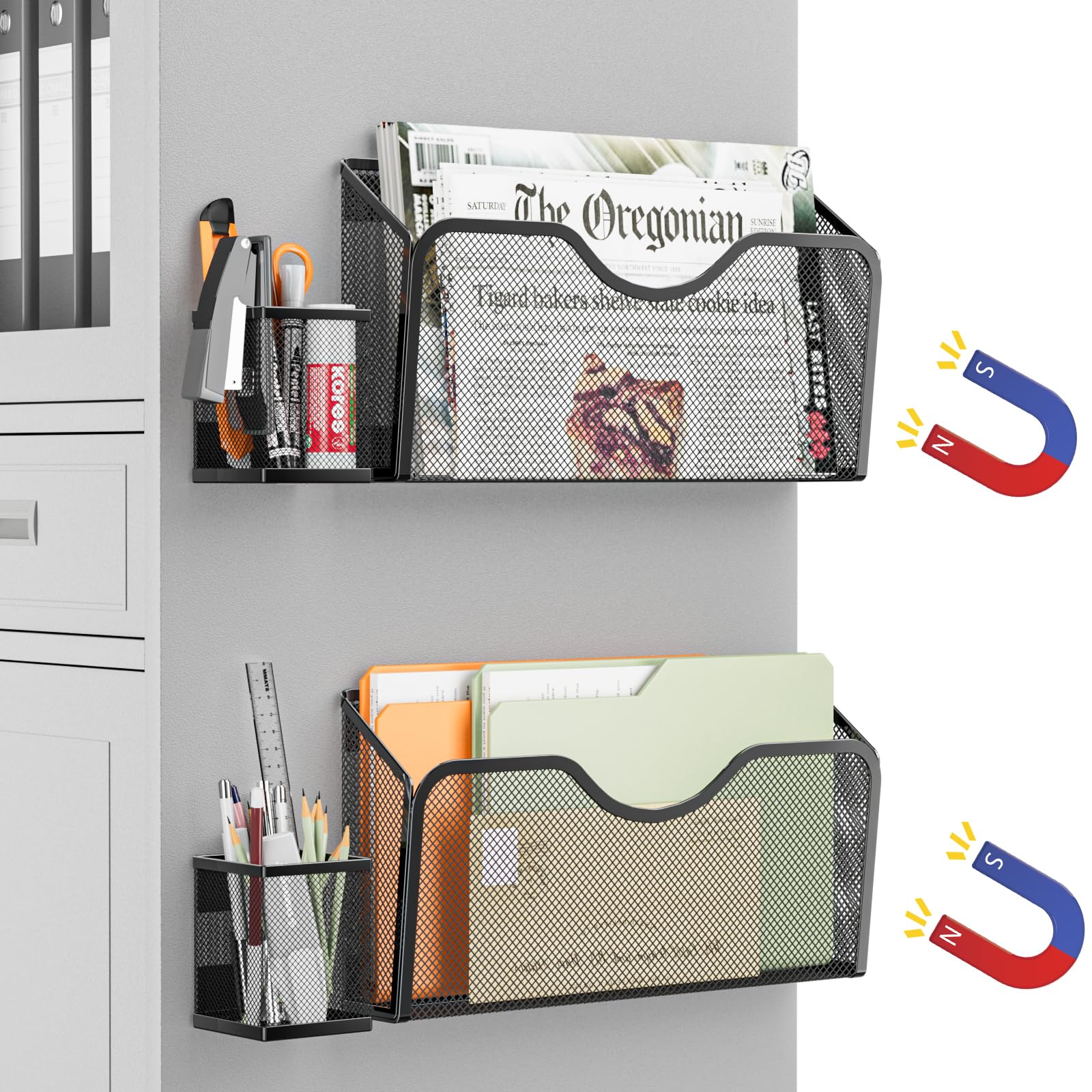 Amazon | マグネット式 壁掛け収納書類 強力な磁気で A4サイズのファイルを2枚掛けられるファイルホルダー 2つのペン立てダーが付属しており  デスク周りのファイル収納 オフィスや教室でホワイトボード収納用 (ブラック) | 壁掛けラック | 文房具・オフィス用品 壁掛け式ファイルホルダー ページ翻頁収納システム 参考資料整理用オフィス収納ラック 効率的な書類管理と簡単アクセス