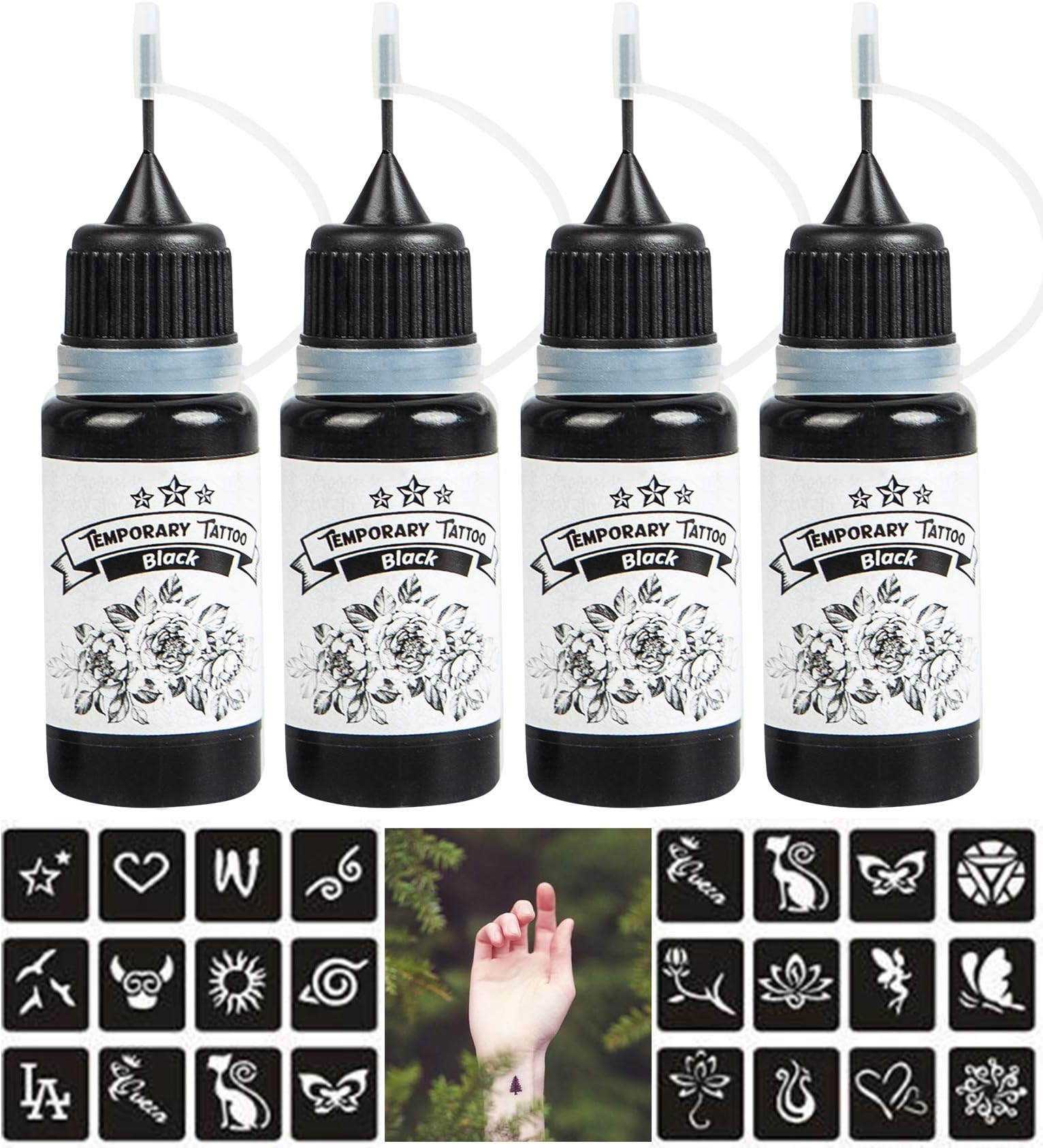 4 Pack Temporary Tattoo Ink, Temporary Tattoo Kit, Semi Permanent Tattoo with Free Tattoo Stencils, DIY Tattoo Set, Realistic Fake Tattoos