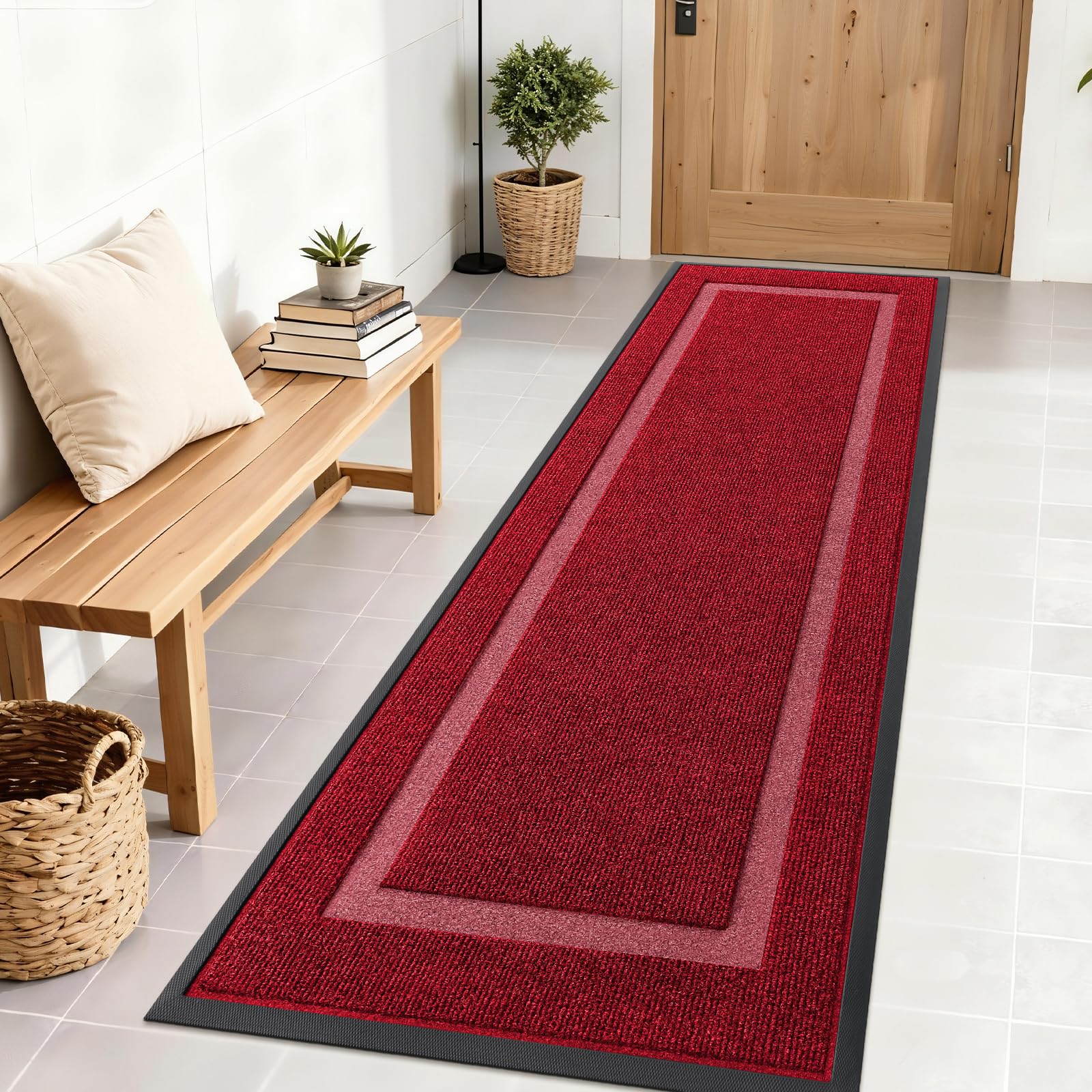 OLANLY Front Door Mat Indoor Outdoor Entrance, Waterproof All-Season, All-Weather Doormat, Sturdy Natural Rubber, Fade Resistant, Low Profile, Easy Clean Patio Porch Entryway Mat, 71x24, Wine Red