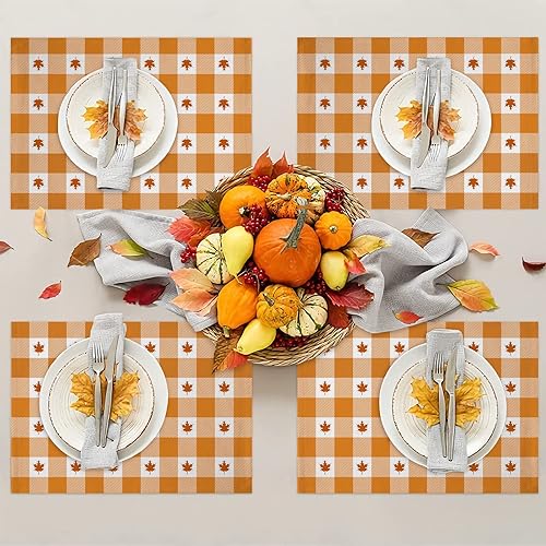 Miniatura 3 de Juego de 6 manteles individuales de otoño para el día de Acción de Gracias, hojas de arce, color naranja y blanco, a cuadros, resistentes al calor,