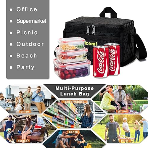 Miniatura 5 de Lonchera negra, bolsa de almuerzo para adultos, bolsas de almuerzo aisladas para mujeres y hombres, bolsa de almuerzo más fresca con correa