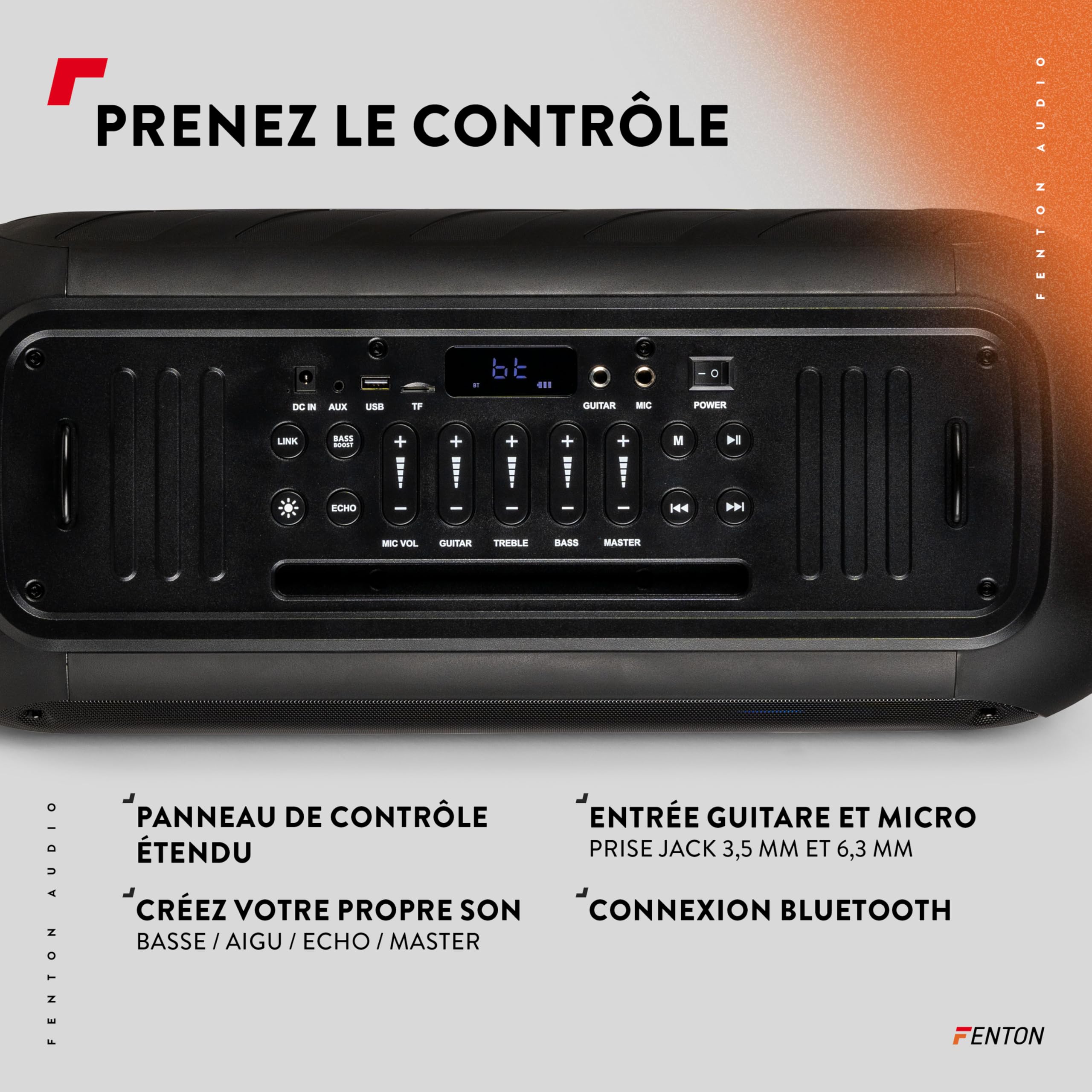Fenton Core120 Enceinte Sono Portable Lumineuse avec Bandoulière - 180 Watts, Autonomie 12H, Facile à Transporter, Micro & Télécommande Inclus, Idéale pour Toutes Vos Soirées Extérieures