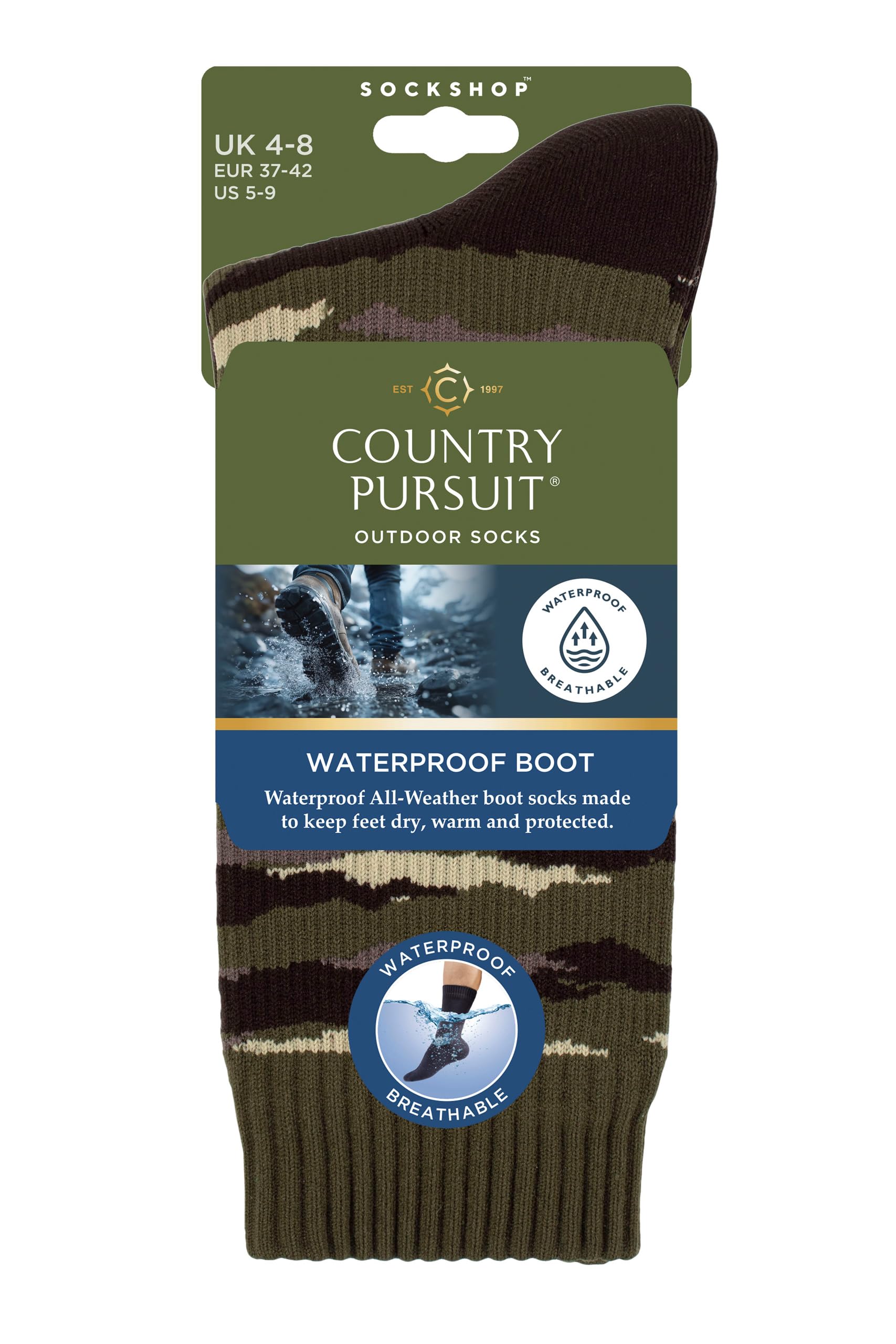 COUNTRY PURSUIT Wodoodporne skarpety damskie – 1 para skarpet do chodzenia na świeżym powietrzu, oddychające, wiatroszczelne, wygodne, dopasowane na mokrą pogodę, rozmiar 4-8