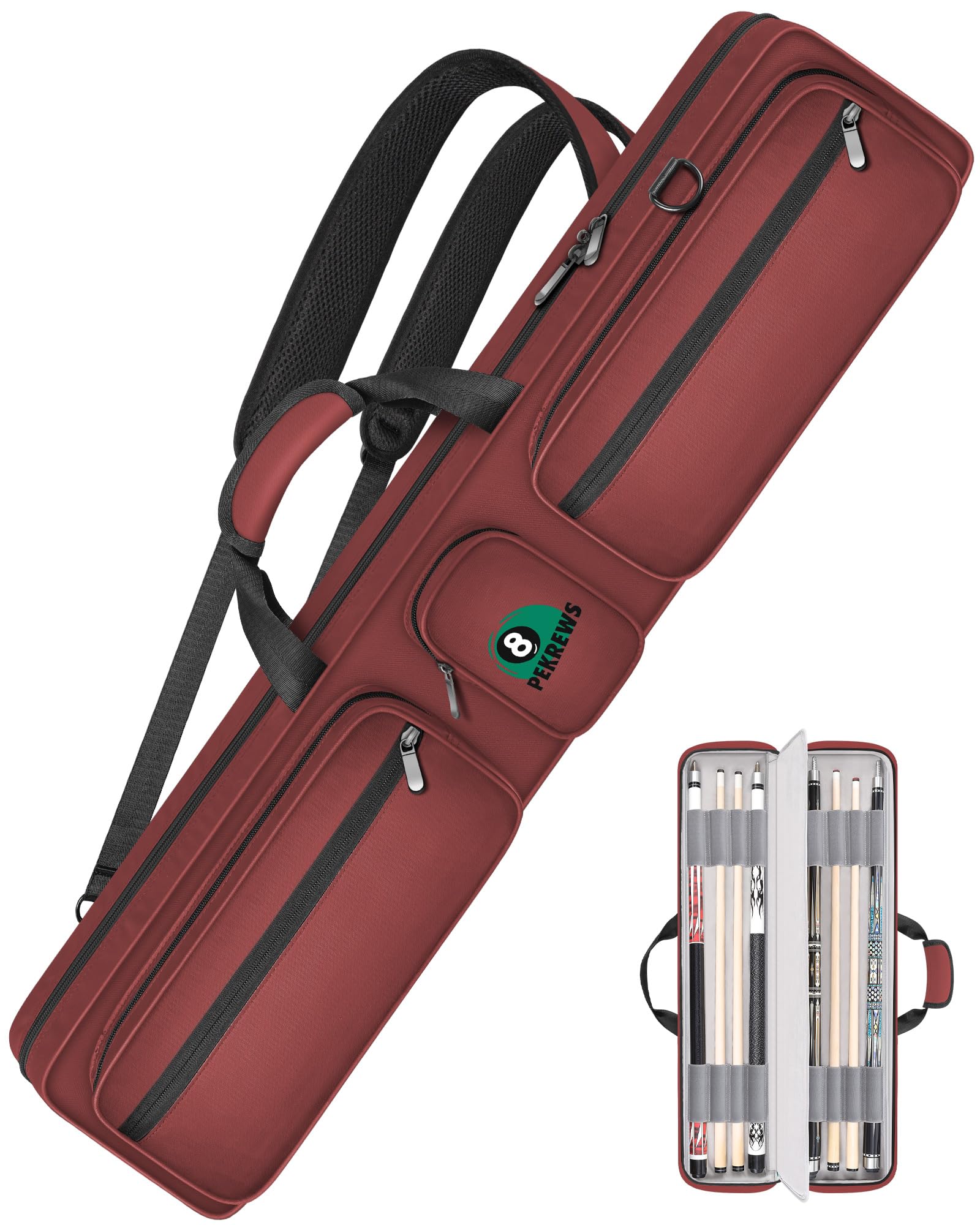 Pool Cue Case 4x5, Pool Stick Case with Multiple Pockets Holds 4 Butts 5 Shafts, Soft Padded Sturdy Pool Cue Bag, Billiard Cue Backpack with Adjustable Shoulder Straps for Men and Women Deluxe PU Red