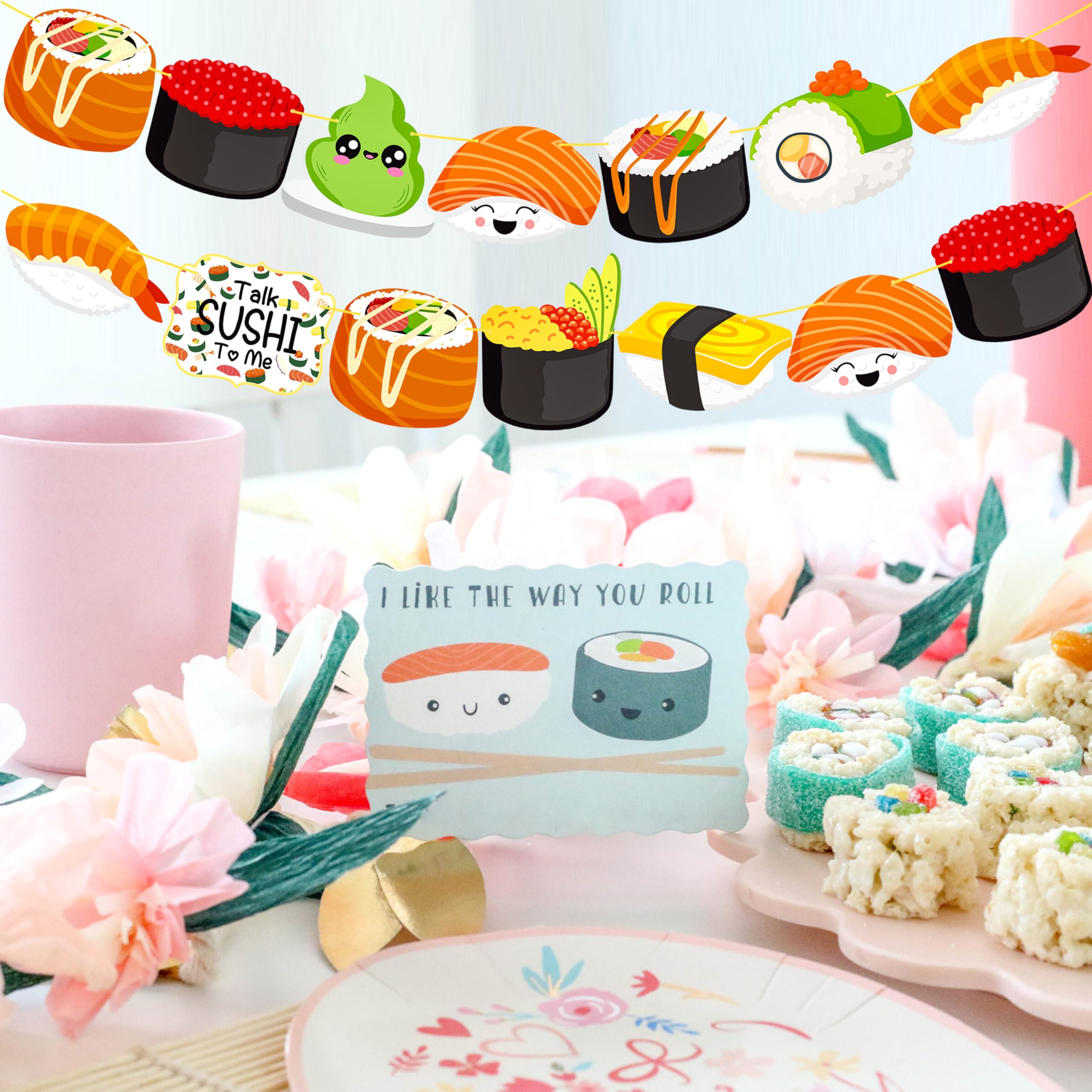 Guirnalda de sushi 2 piezas Let's Roll Sushi Fiesta de Cumpleaños Pancartas recortadas para decoración de fiesta de sushi para temática japonesa, suministros de baby shower 7