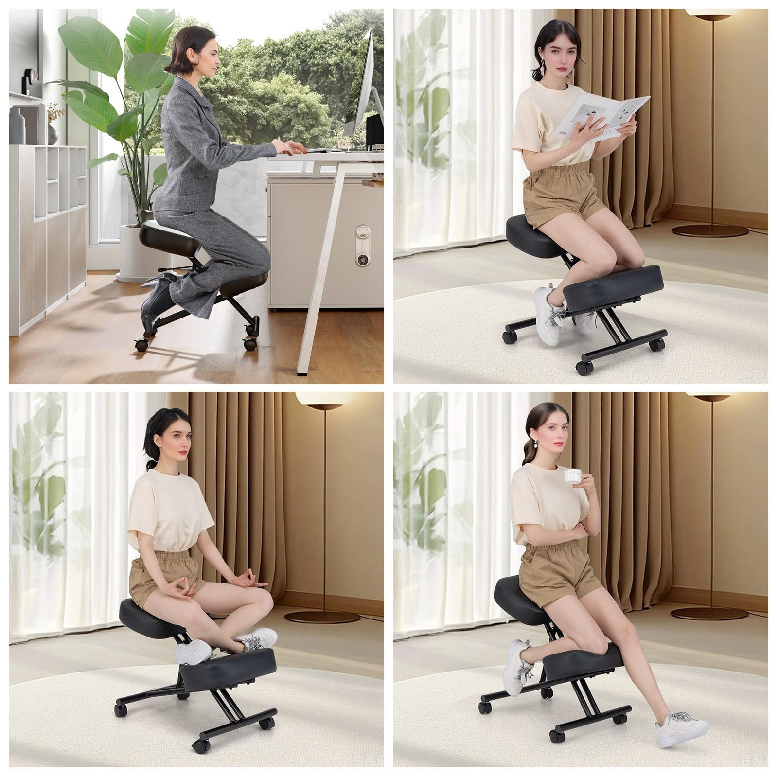 GIANTEX Silla de Rodillas Ergonómica para Corrección Postural, Taburete Acolchado con Altura Ajustable y 4 Ruedas Bloqueables, Silla de Escritorio para Oficina, Estudio