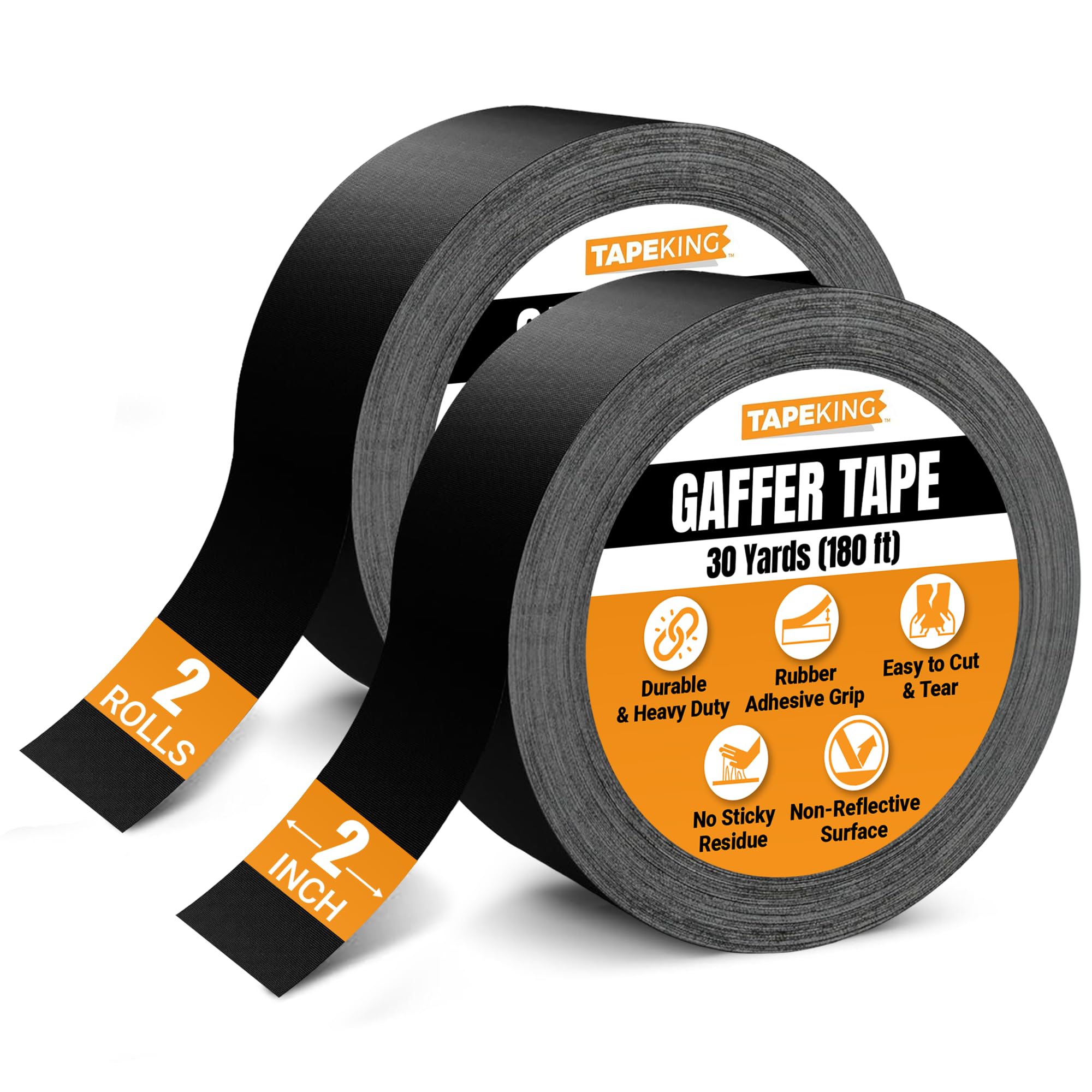 Tape King Gaffers Tape (Black) | 2 Inch Wide x 30 Yards Per Roll (180 Ft) Pro Gaff Tape | Durable Cloth Matte Black Tape with Strong Rubber Adhesive for Events, Cables, and Decorations (2 Pcs)