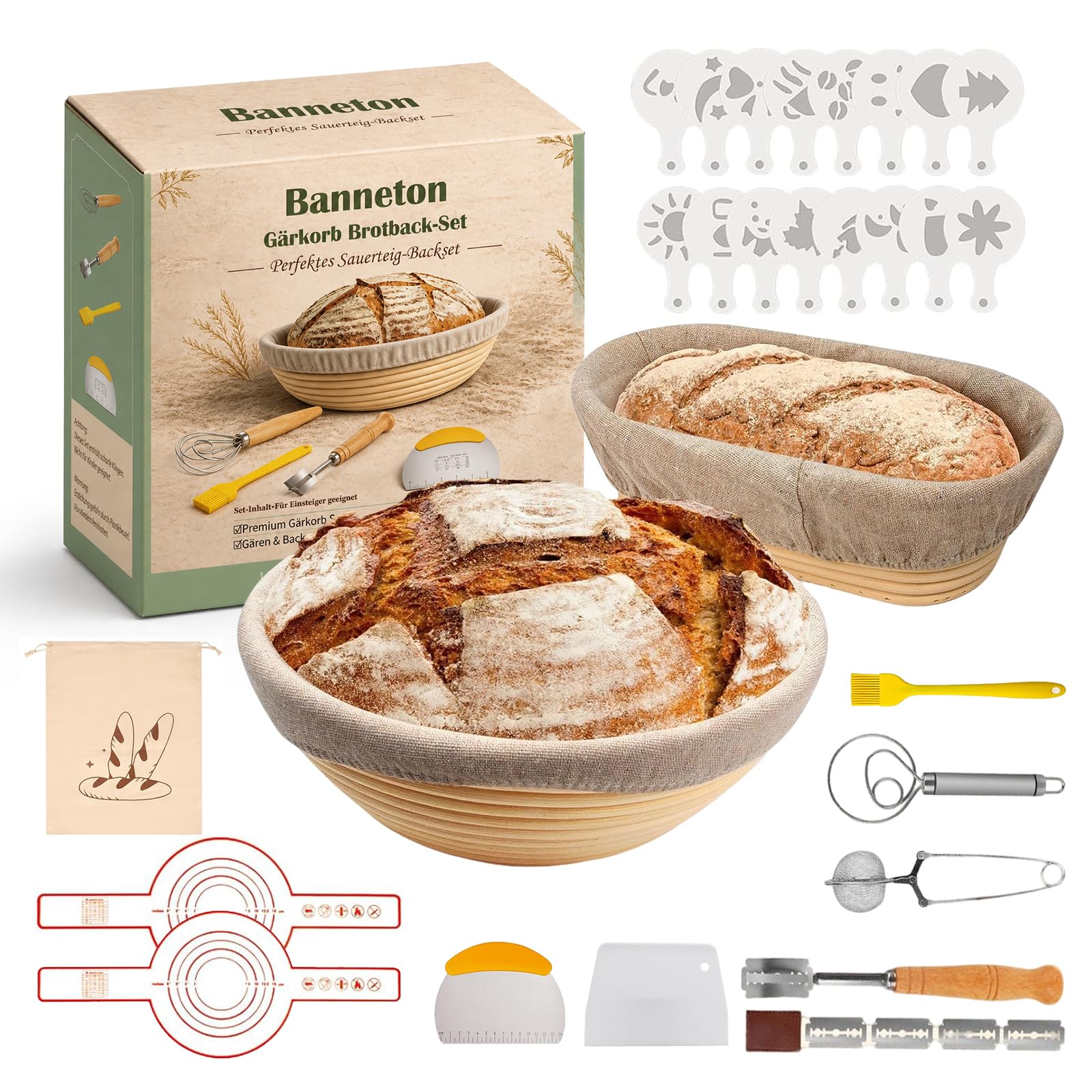 Juego de 14 cestas de fermentación, cesta de fermentación de pan, de silicona (23 cm redonda y 25 cm ovalada), cesta de fermentación para fermentación de pan, plegable, accesorios para hornear, para