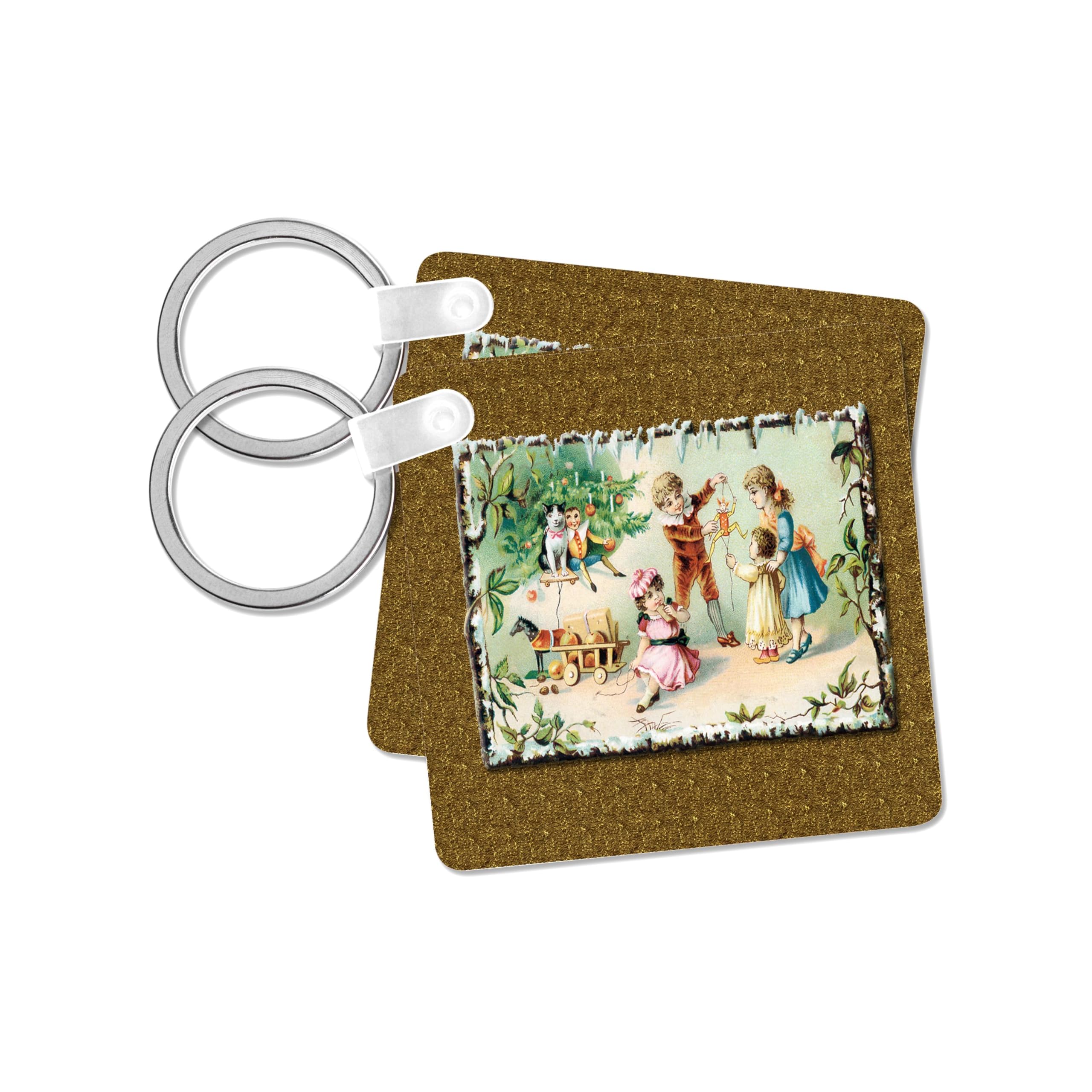 3dRose, Vintage Christmas Card with Victorian Era Children Playing with new Toys on Gold Background, set of 2 Key Chains