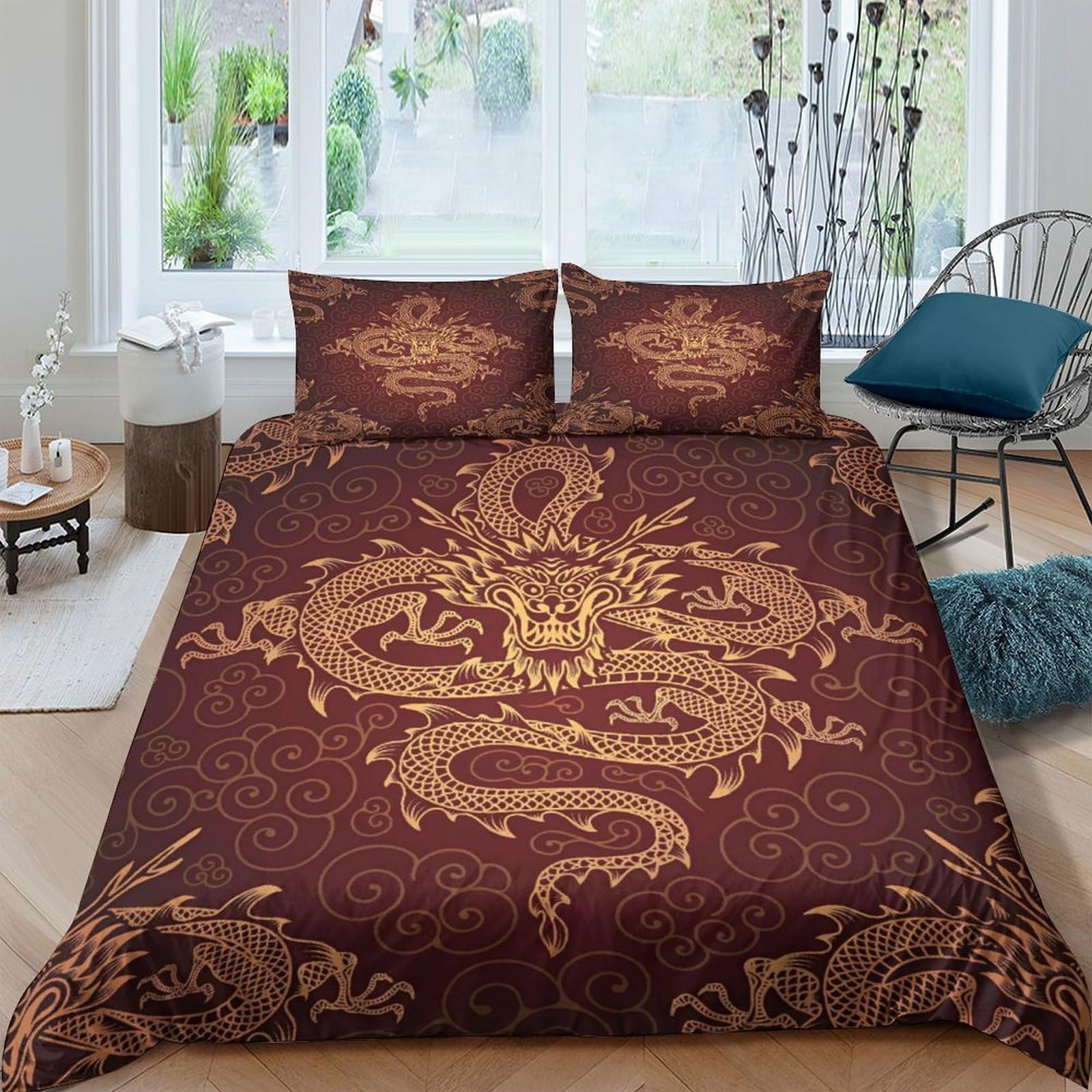 Ctjqhvkz Style-2 3D Printed Golden Dragon Fitted Sheet Microfiber Rust Red Asian Pattern Bed Cover For Bedroom Decor Mattress Protection Single（135X200cm）
