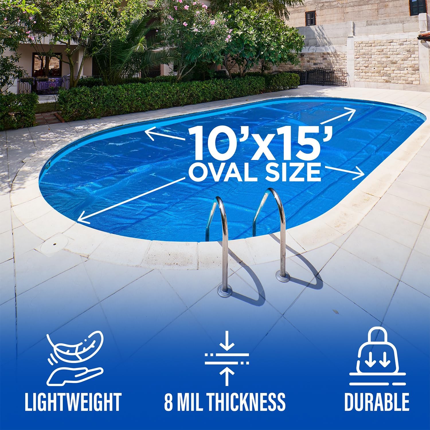 Shop Square 10' x 15' Oval Solar Cover for Inground and Above Ground Pools, 8 Mil - Premium Heavy Duty Solar Blanket for Above Ground Pool, Blue - Made in USA