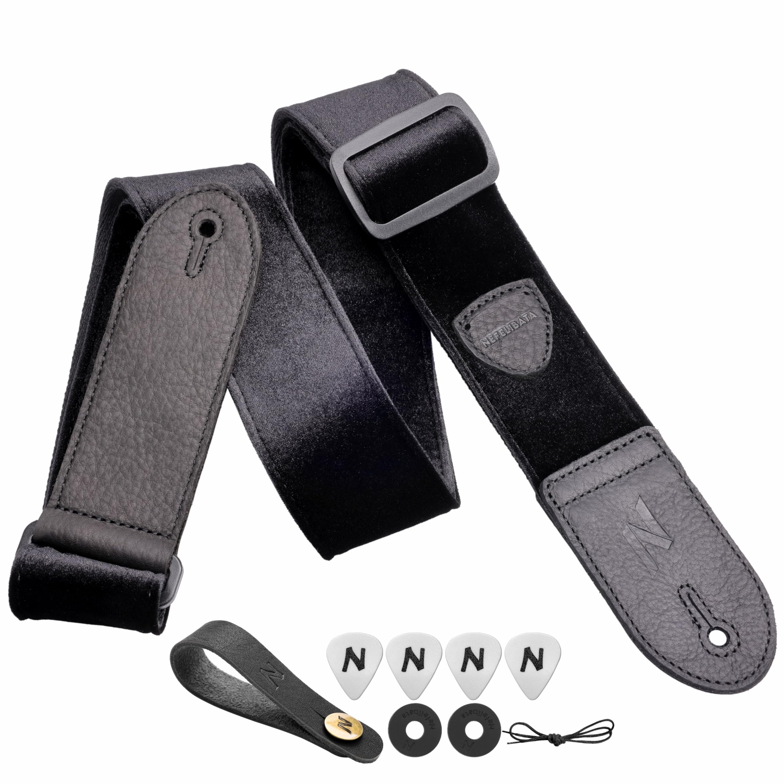 Nefelibata Guitar Strap,Double Full-Grain Leather Ends,Vintage Velvet Strap/FREE BONUS-4 Picks+Locks+Strap Button,Gift For Bass,Electric&Acoustic Guitars(Vintage Mystic Black)