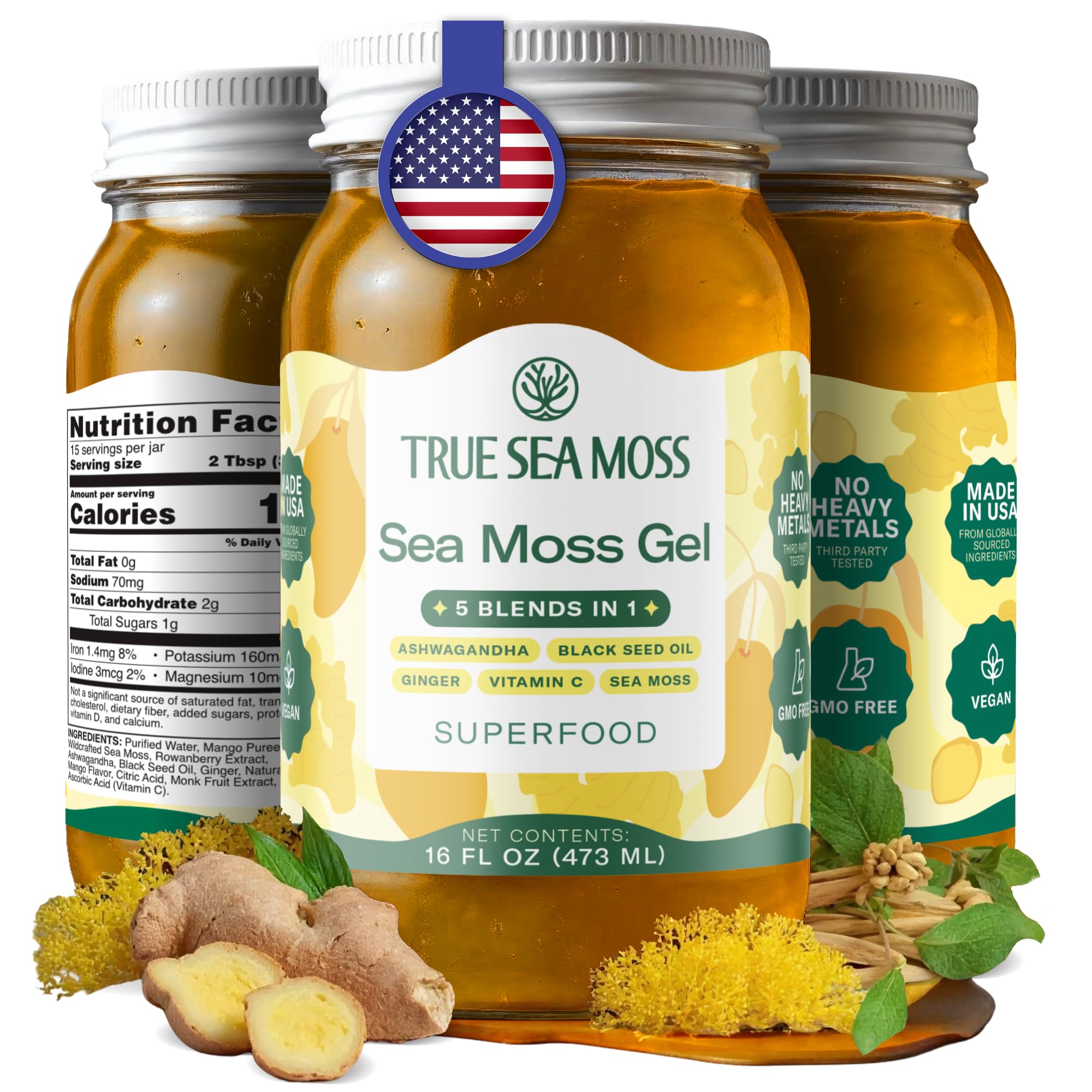Sea Moss Gel – Made in USA – 5-in-1 Formula – Wildcrafted Seamoss, Ashwagandha & Jarred Vegetables – Ashwagandha, Pack of 1 (Labels may Vary)