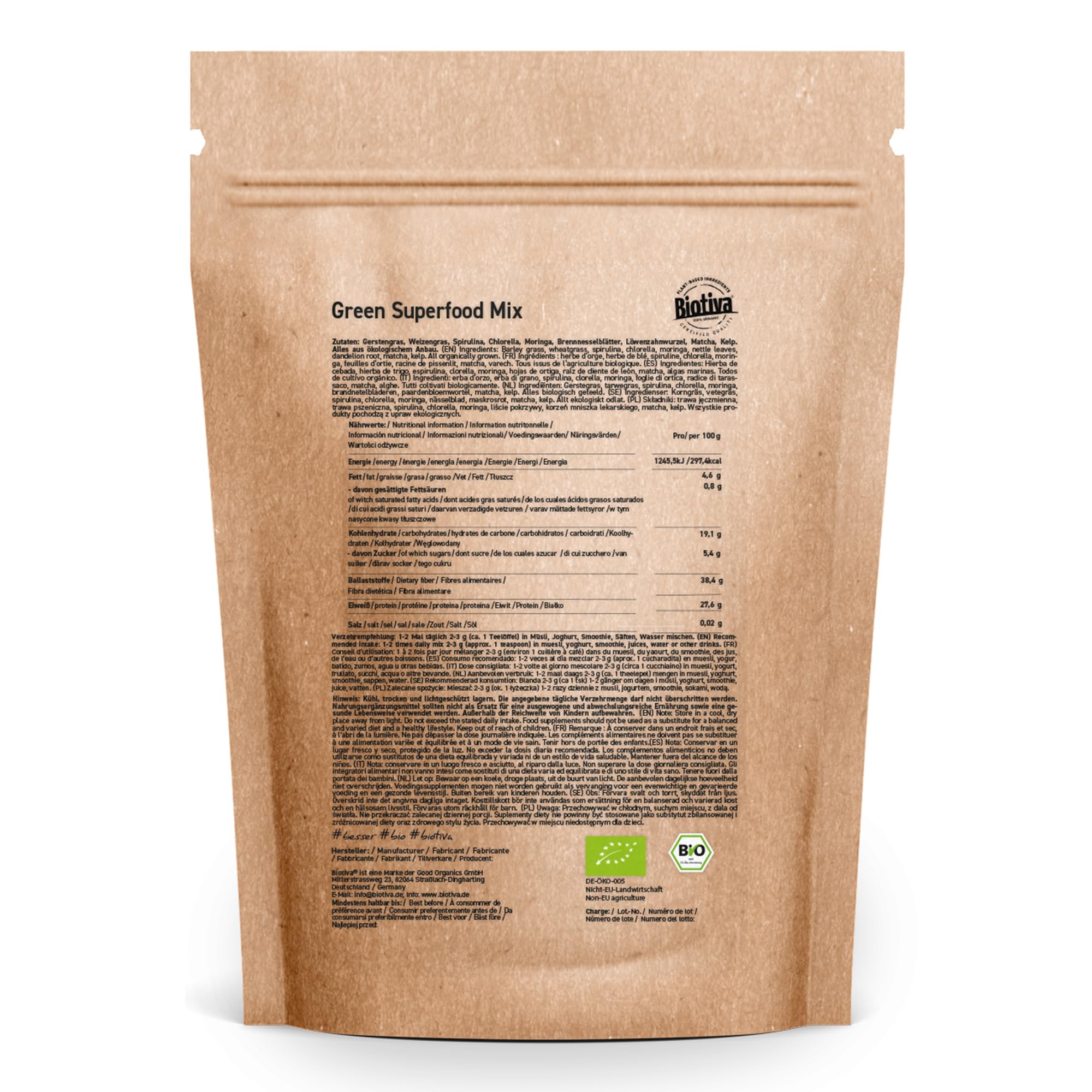 Green Superfood Mix poudre bio 400g - herbe d'orge, herbe de blé, spiruline, chlorella, moringa, racine de pissenlit, ortie, varech & matcha - mélange de 9 super-aliments- Biotiva