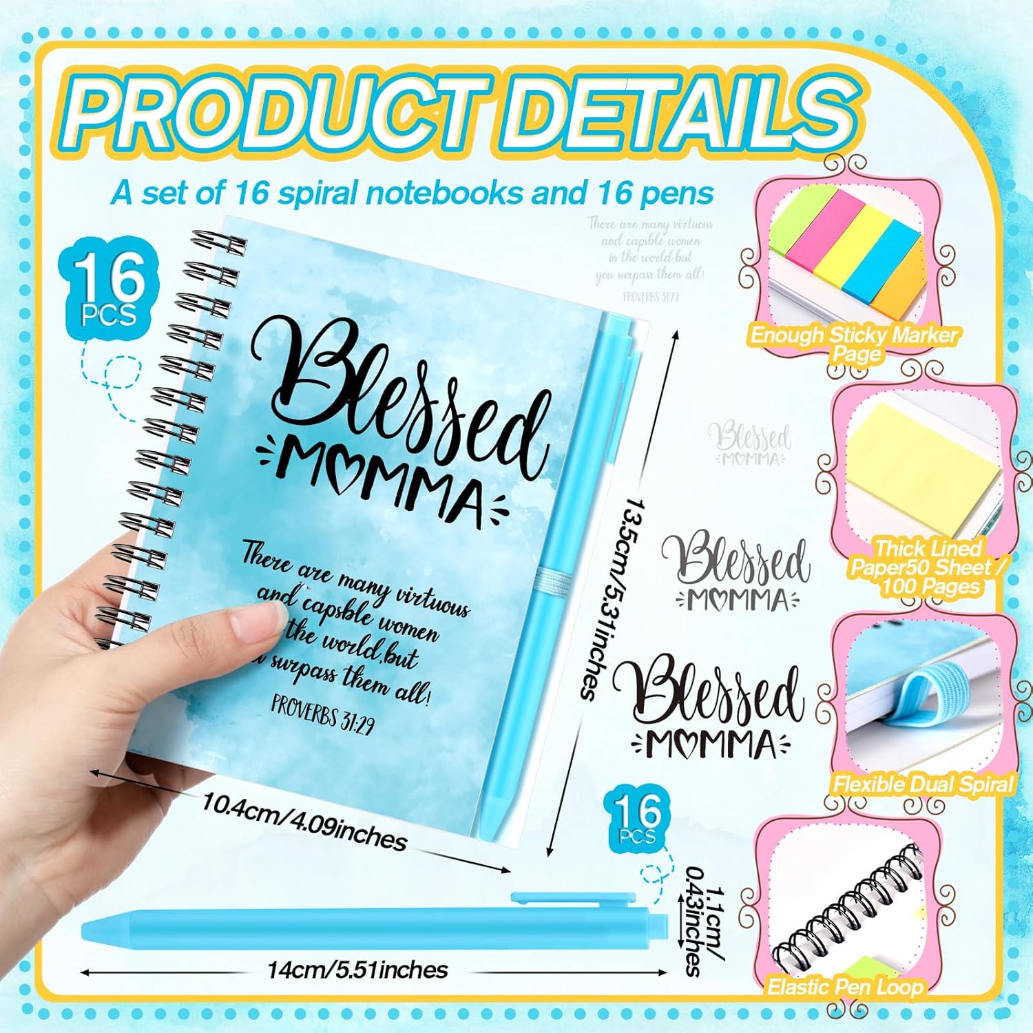 Supervitae 16 Sets Mothers Day Christian Gift Bible Verse Spiral Notebooks with Pen,mother's Day Church Gifts Include Spiral Notebooks with Ballpoint Pen, Prayer Journal Gifts for Mom
