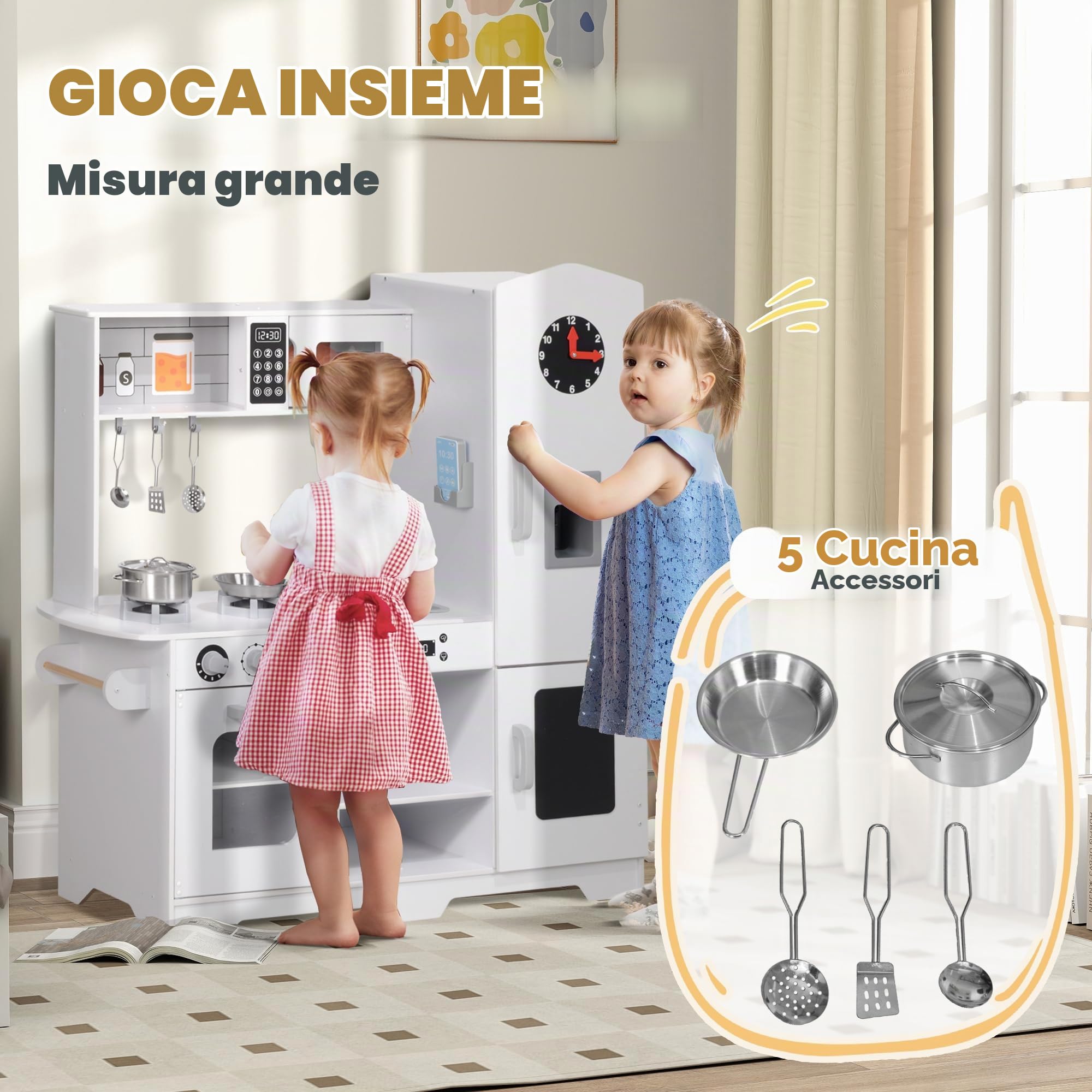 AIYAPLAY Cucina giocattolo con fornello e lavello per 3+ anni Bianco