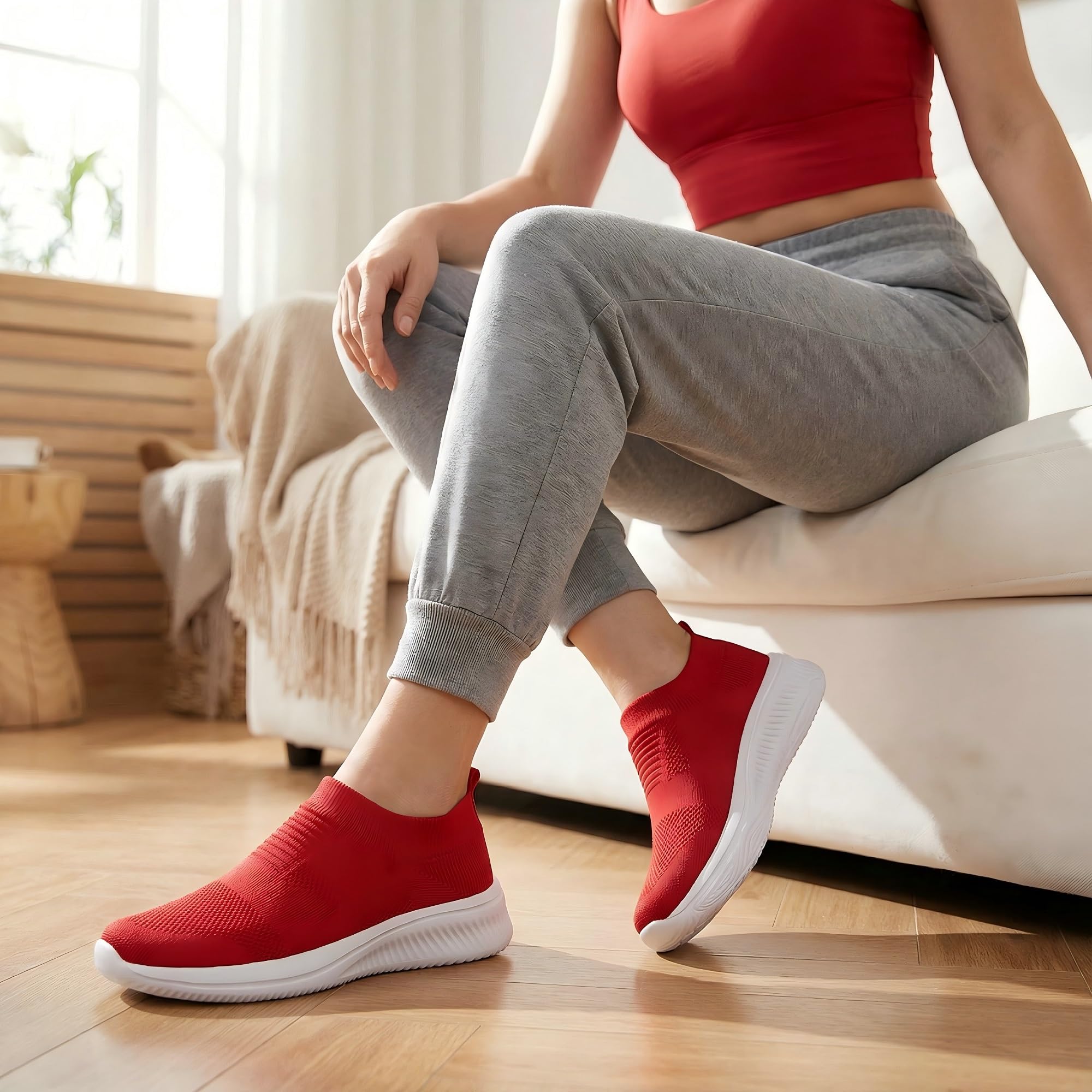 vibdiv Zapatos Planos Caminar Mujer Zapatillas Casual Zapatos Diarios sin Cordones Ligeros Cómodos Rojo 38