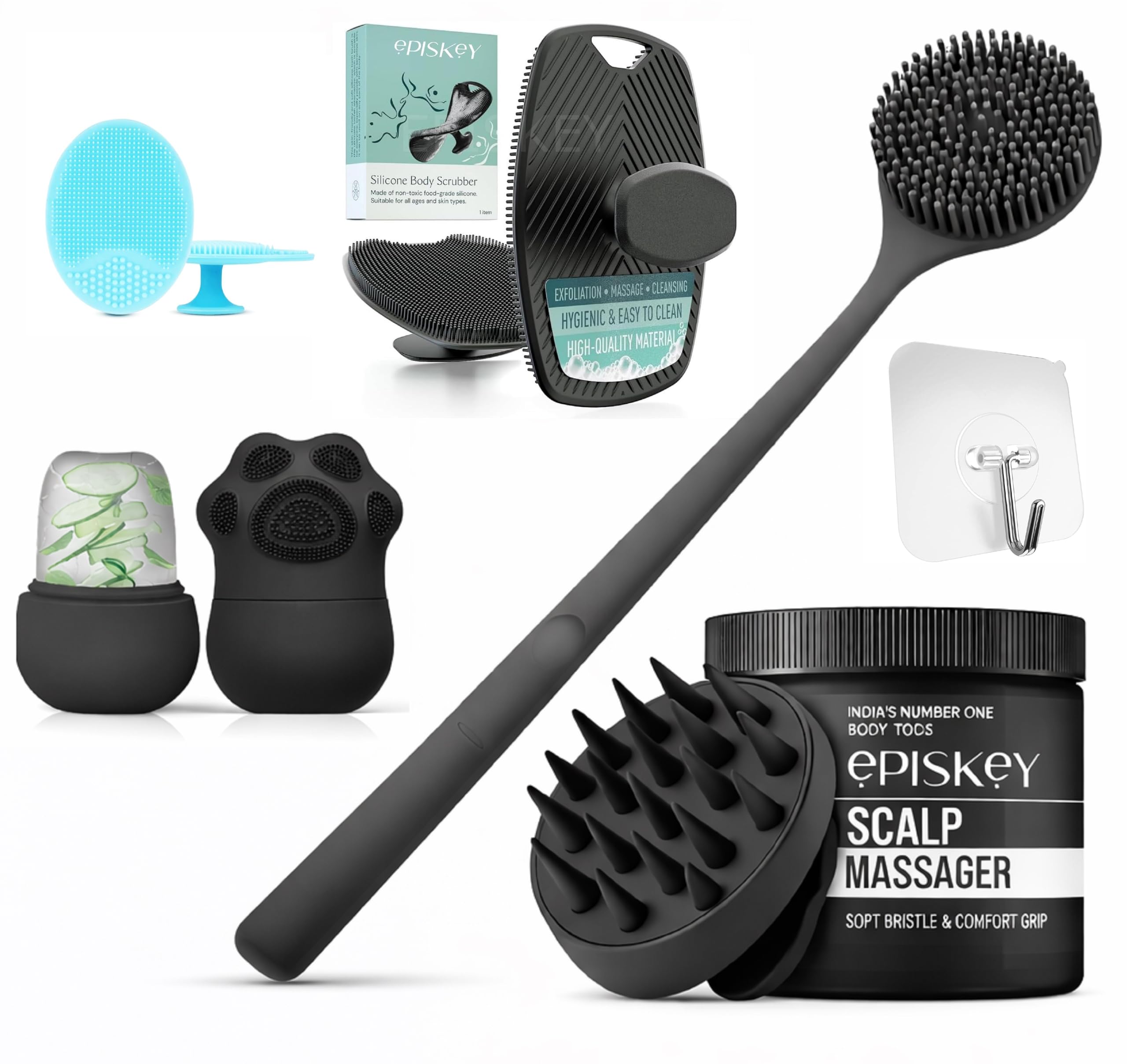 Episkey Soft Silicone Back Scrubber Long Handle Bath Brush + Body Scrubber Bath Brush + Scalp Massager for Hair + Face Scrubber Brush + Ice Face Roller Combo, Super-Exfoliating & Lathering Body Scrubber, Shower Brush | BPA-Free | for Men and Women (With A Free Hook 2-pcs)