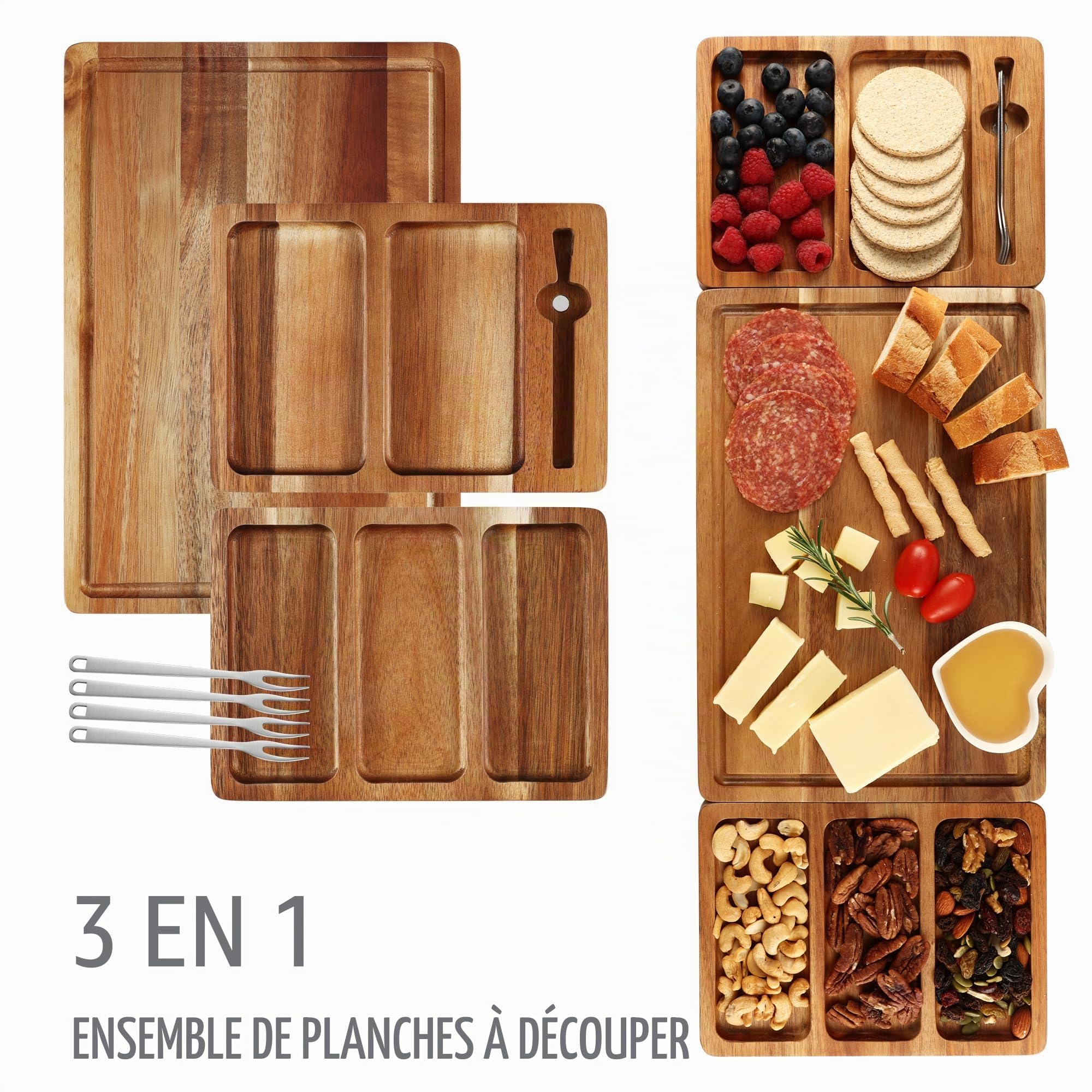 hecef Set de Plateau Aperitif, 8 Pièces Planche Charcuterie Set-Plateau Fromage Bois d'acacia avec 2 plateau aperitif, 4 fourchettes à dessert et 1 sac de transport, Cadeau pour Crémaillère et Noel
