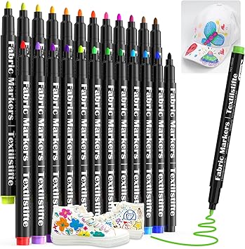 JR.WHITE Fabric Markers Permanent for T Shirts Clothes Onesies Bibs White Pillow Canvas Tote Bags Clothing - No Bleed - Fine Tip - Child Safe & Non Toxic Fabric Paint Pens Set of 24 Colors